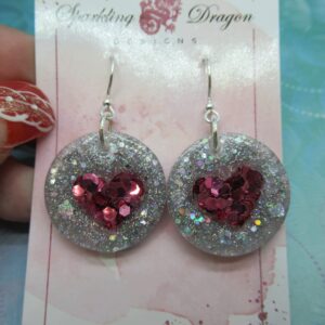Love Heart Earrings - Sweet Pink & Holo Silver Round