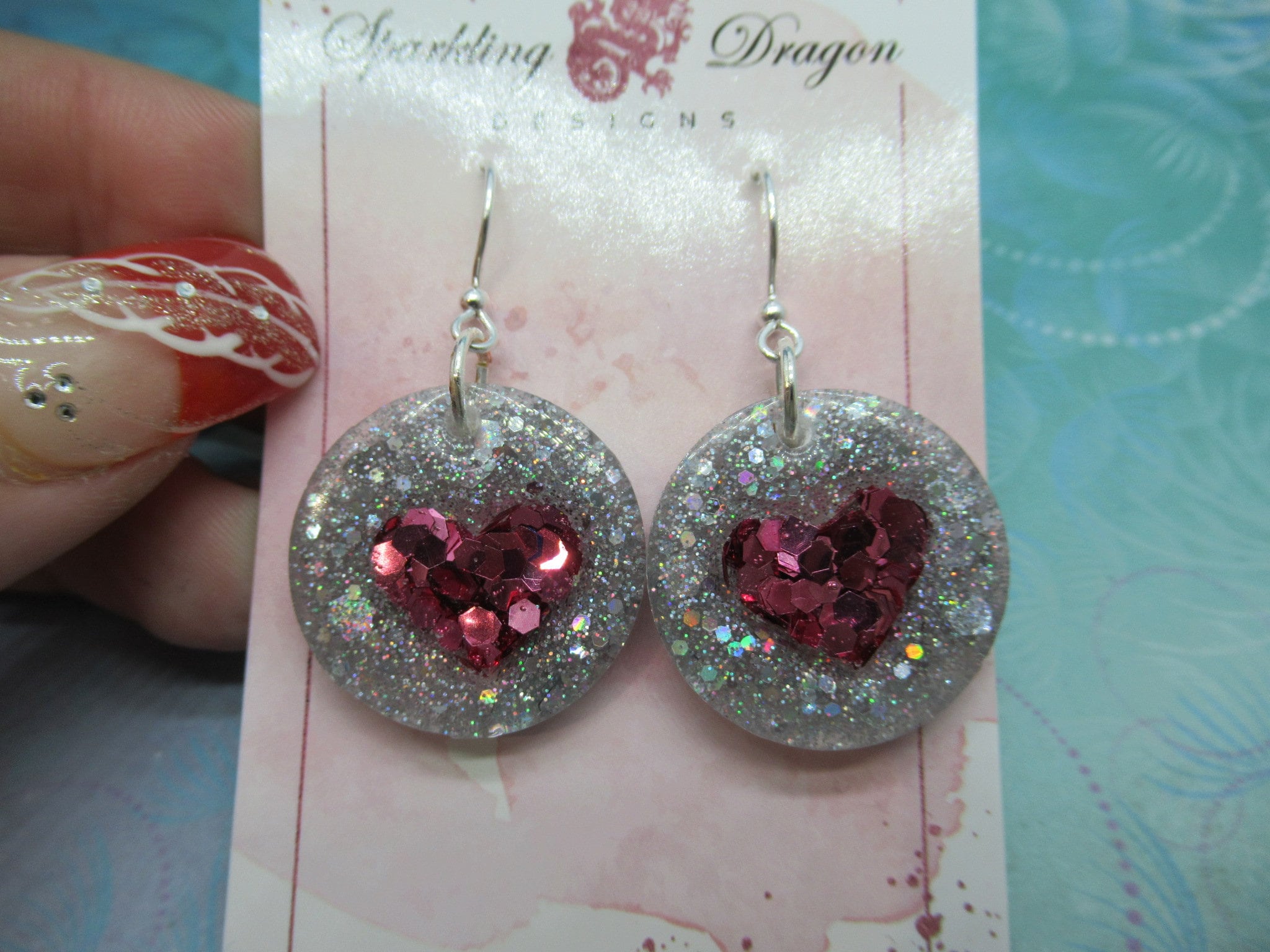 Love Heart Earrings - Sweet Pink & Holo Silver Round