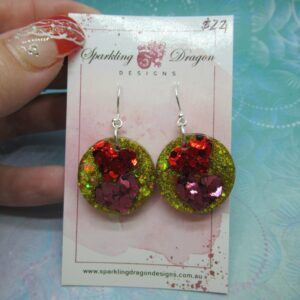 Love Heart Earrings - Double Red & Pink Hearts  Holo Gold Round