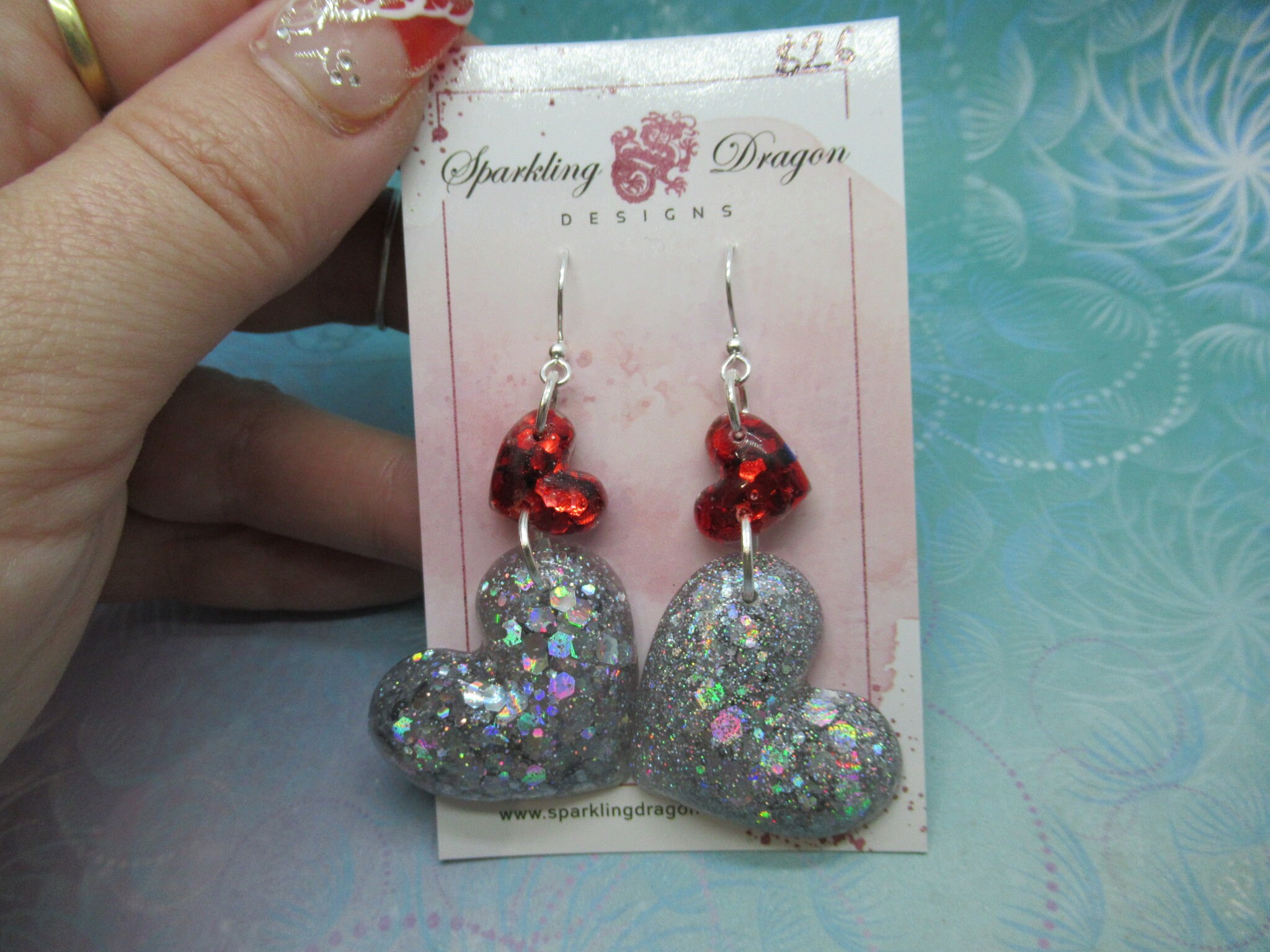 Love Heart Earrings - Statement Puffy Holo Silver and Sparkly Red Hearts - Image 2