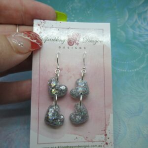 Love Heart Earrings - Double Drop Petite Silver Holo Hearts
