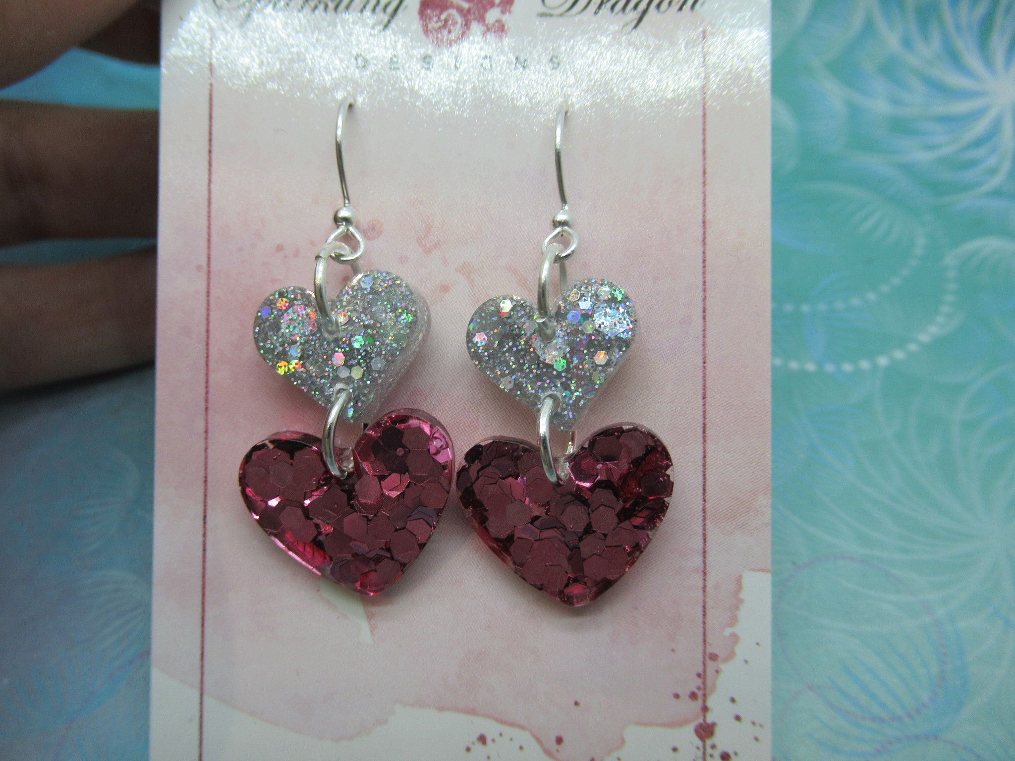 Love Heart Earrings - Double Drop Sweet Pink & Silver Holo Hearts - Image 3