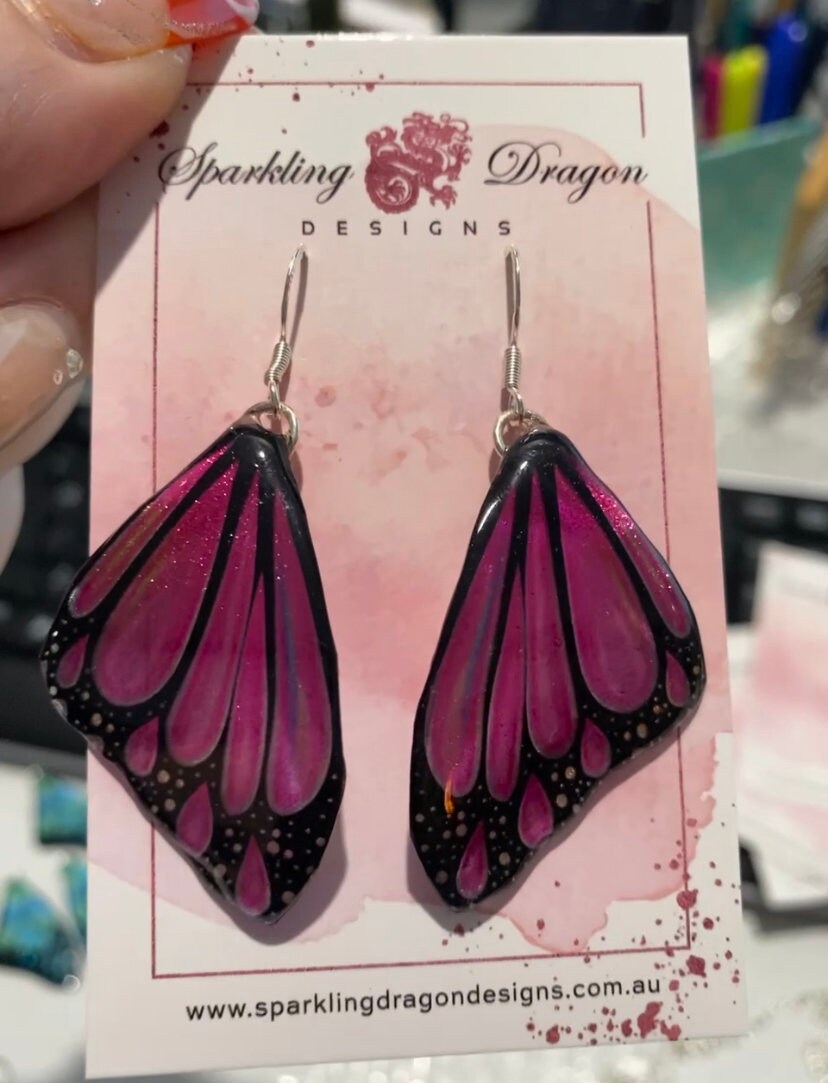 Butterfly Wing Pretty Pink Earrings - Fairy Jewellery, Fun Gift for her Fairy Wing Earrings - Sparkly - Rainbow Resin with Glitter Finish - Image 4