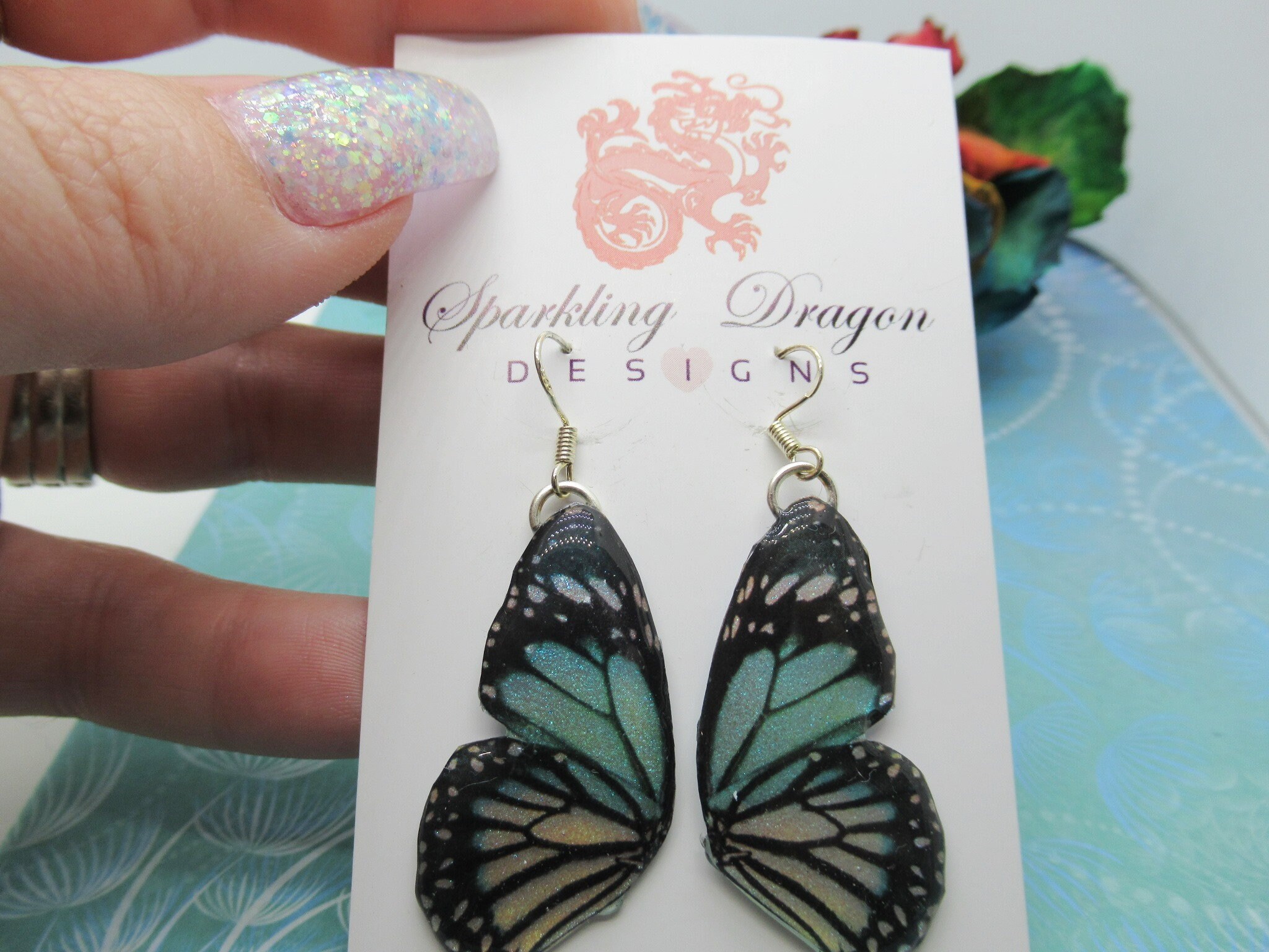Butterfly Double Wing Earrings Blue and Yellow - Fairy Jewellery, Fun Gift for her Statement Present Sparkly - Resin with Glitter Finish - Image 9