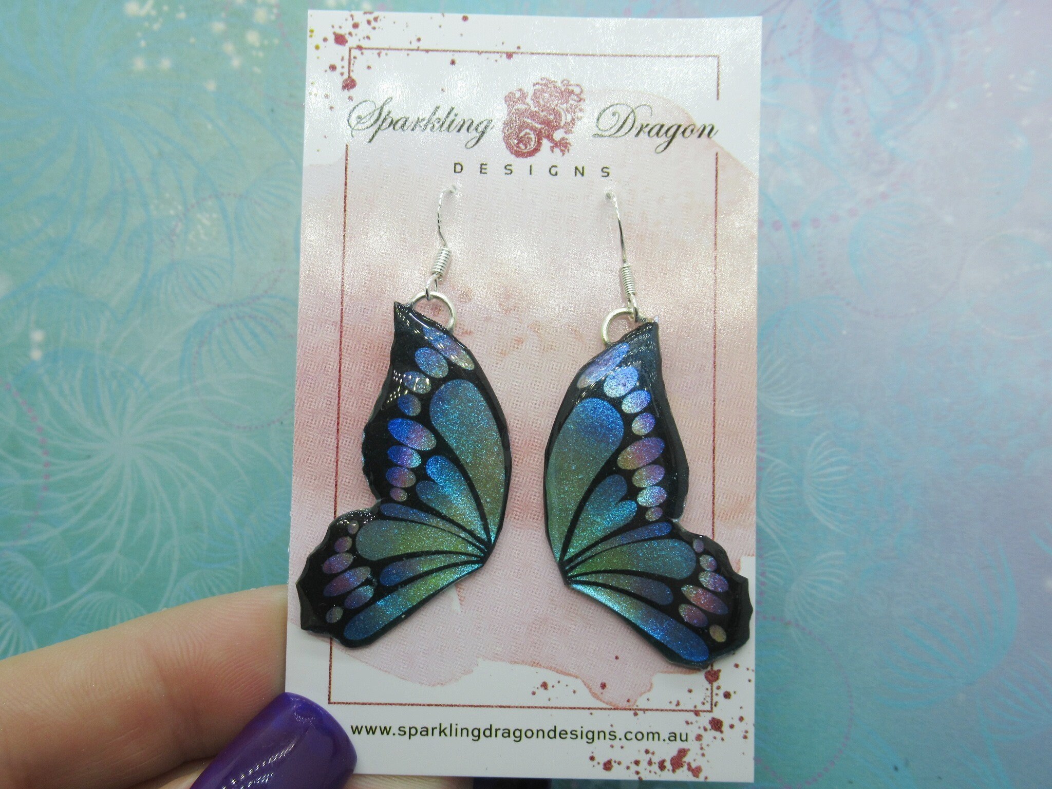 Butterfly Double Wing Earrings Purple & Blue - Fairy Jewellery, Fun Gift for her Fairy Wing Earrings - Sparkly - Resin with Glitter Finish - Image 8