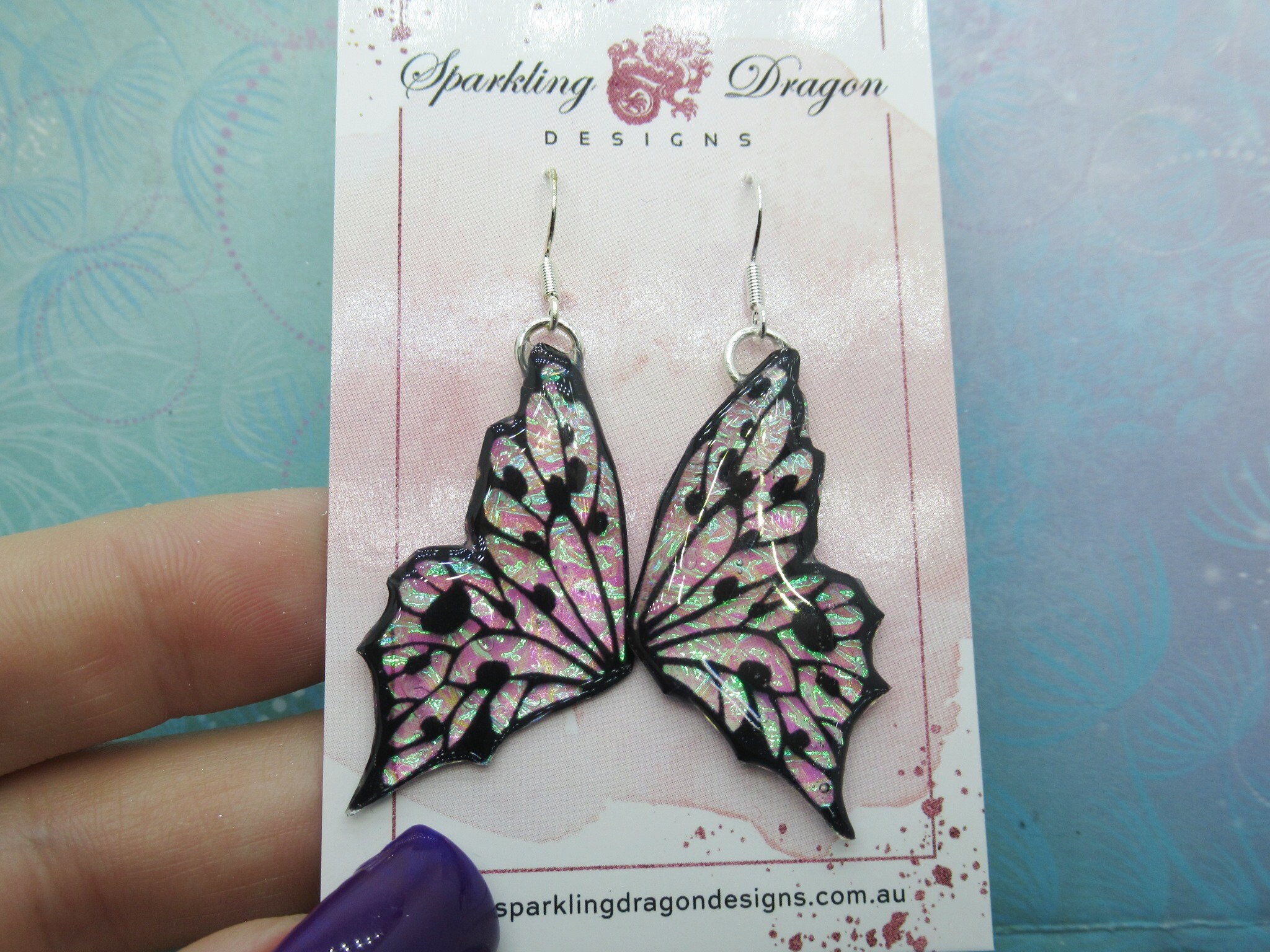 Shimmery Green Butterfly Double Wing Earrings - Fairy Jewellery, Fun Gift for her Statement Present Sparkly - Resin with Glitter Finish - Image 8