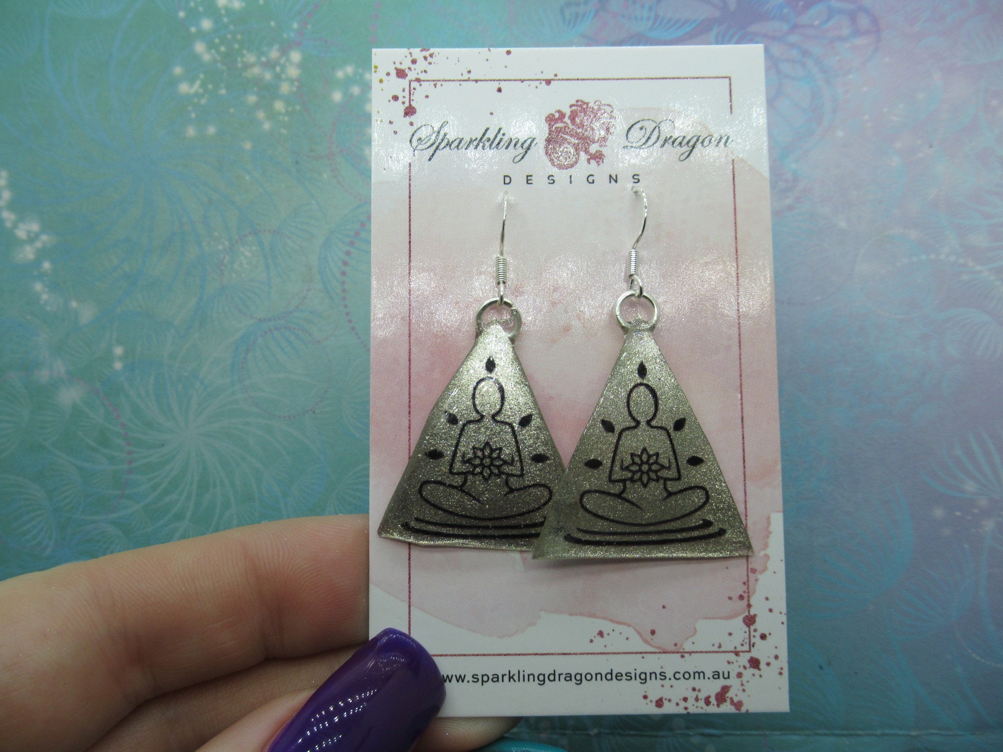 Peaceful Meditating Yoga Earrings - New Age Boho gift - Sparkling Silver in Resin with Glitter Finish - Image 2