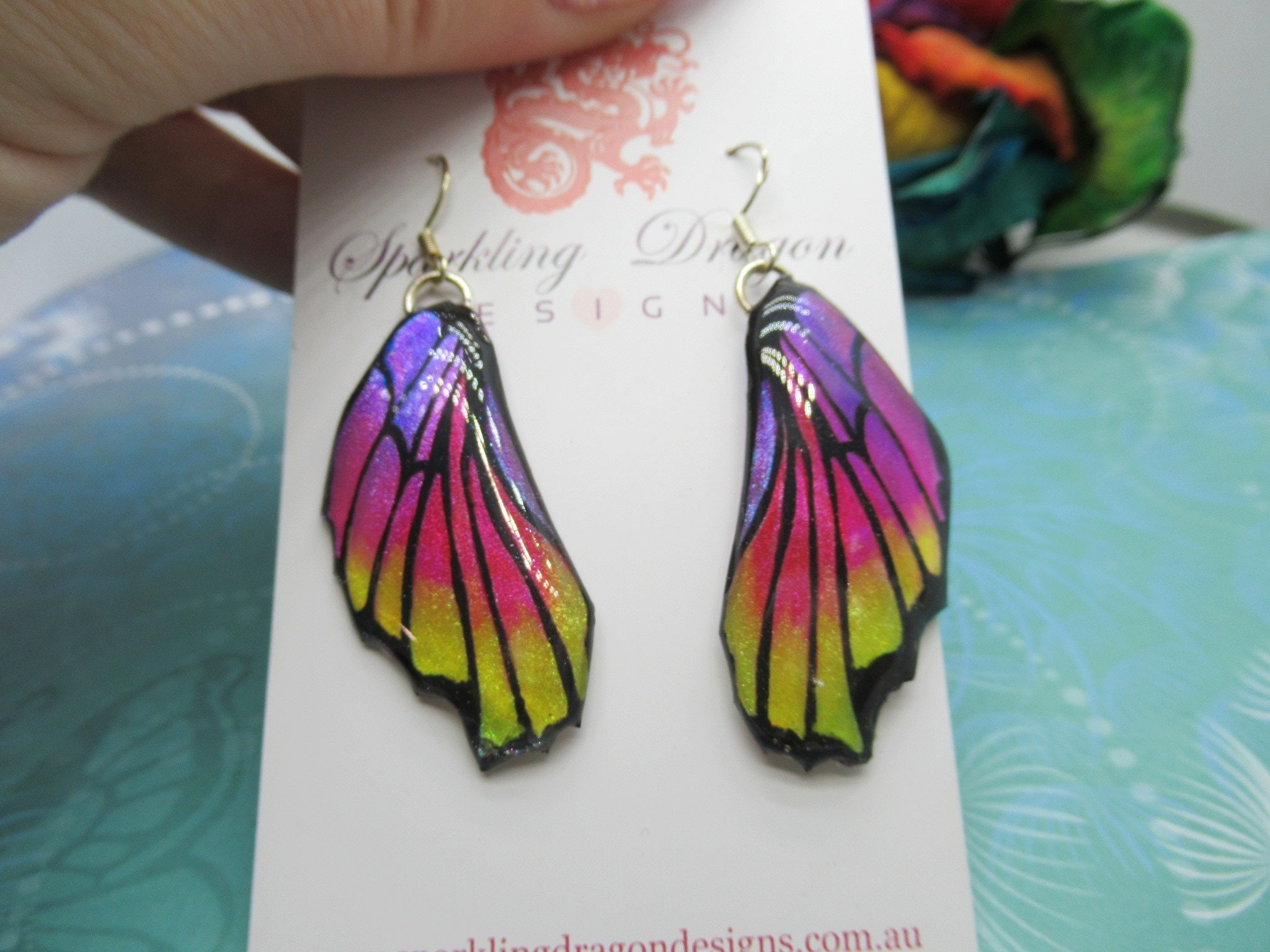 Butterfly Wing Pink, Yellow & Purple Earrings - Fairy Jewellery, Fun Gift for her Fairy Wing Earrings - Sparkly - Resin with Glitter Finish - Image 2