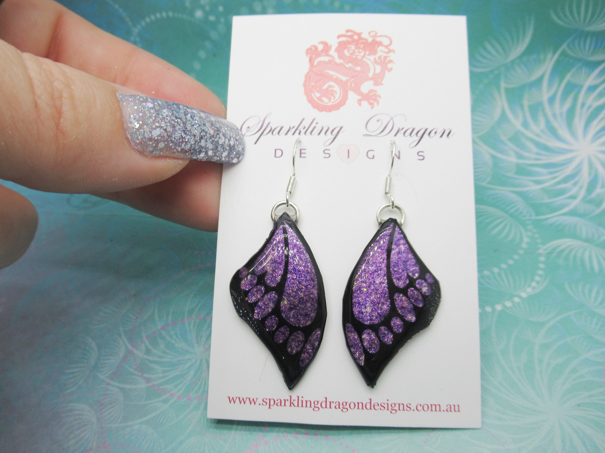 Butterfly Earrings Purple and Black - Fairy Jewellery, Fun Gift for her Fairy Wing Earrings - Sparkly - Resin with Glitter Finish - Image 2