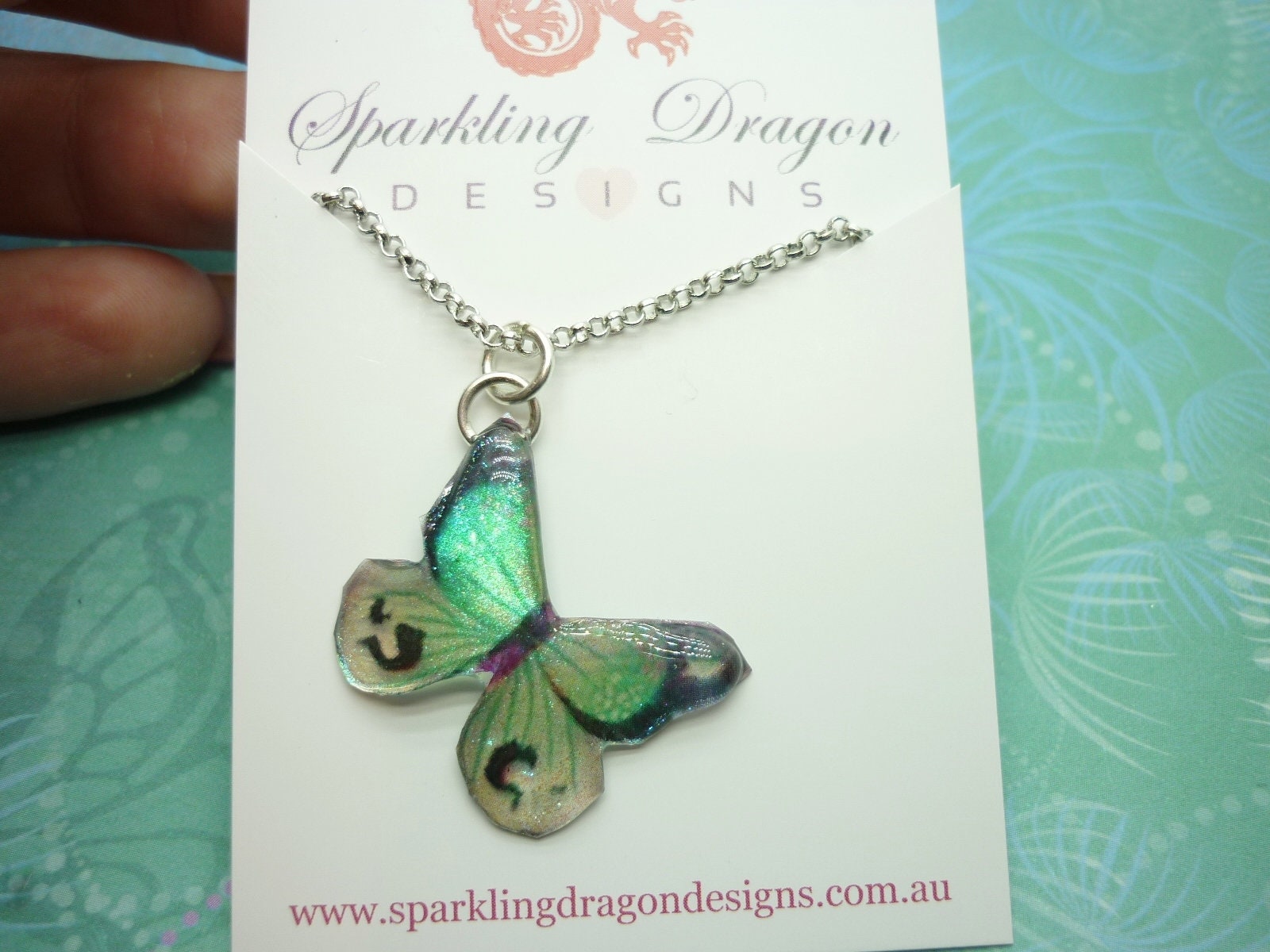 Butterfly Necklace Glittery Clear, Green Lines on Sparkle Silver Plated Chain - Fairy Jewellery, Fun Gift for her Resin with Glitter Finish