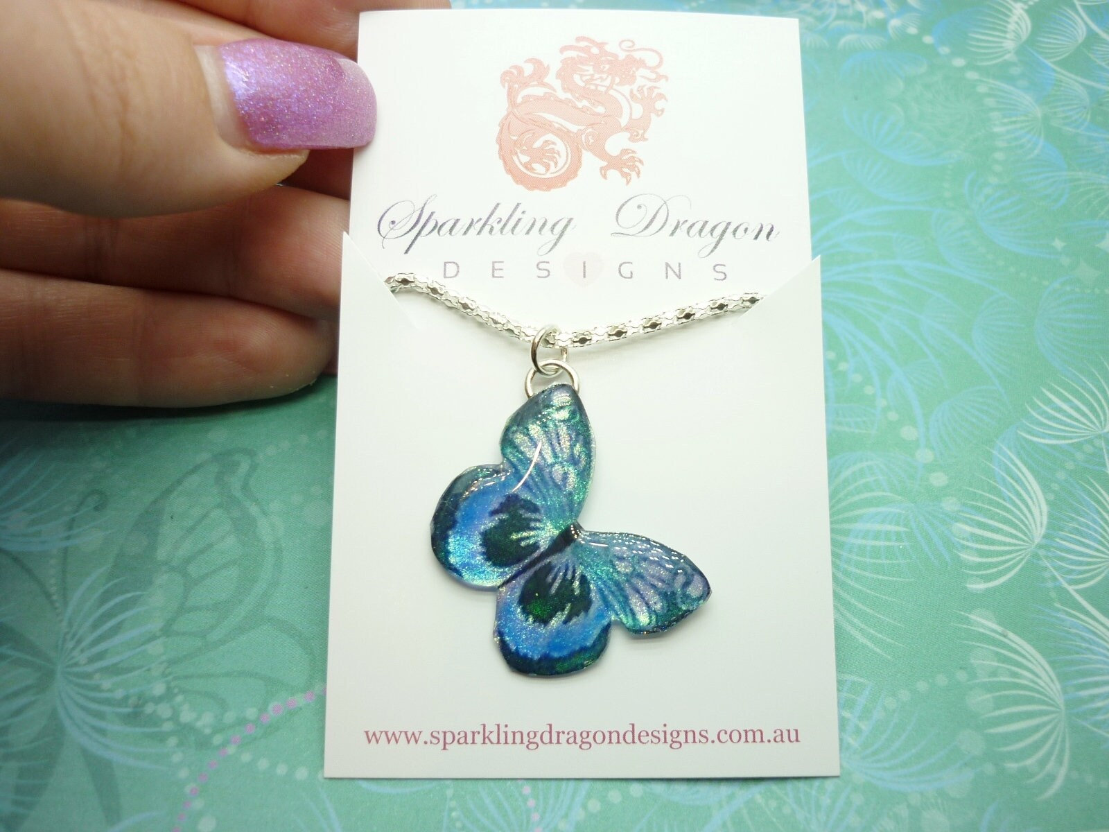 Little Butterfly Necklace, Blue and Black on a Sparkle Silver Plated Chain - Fairy Jewellery, Fun Gift for her Resin with Glitter Finish