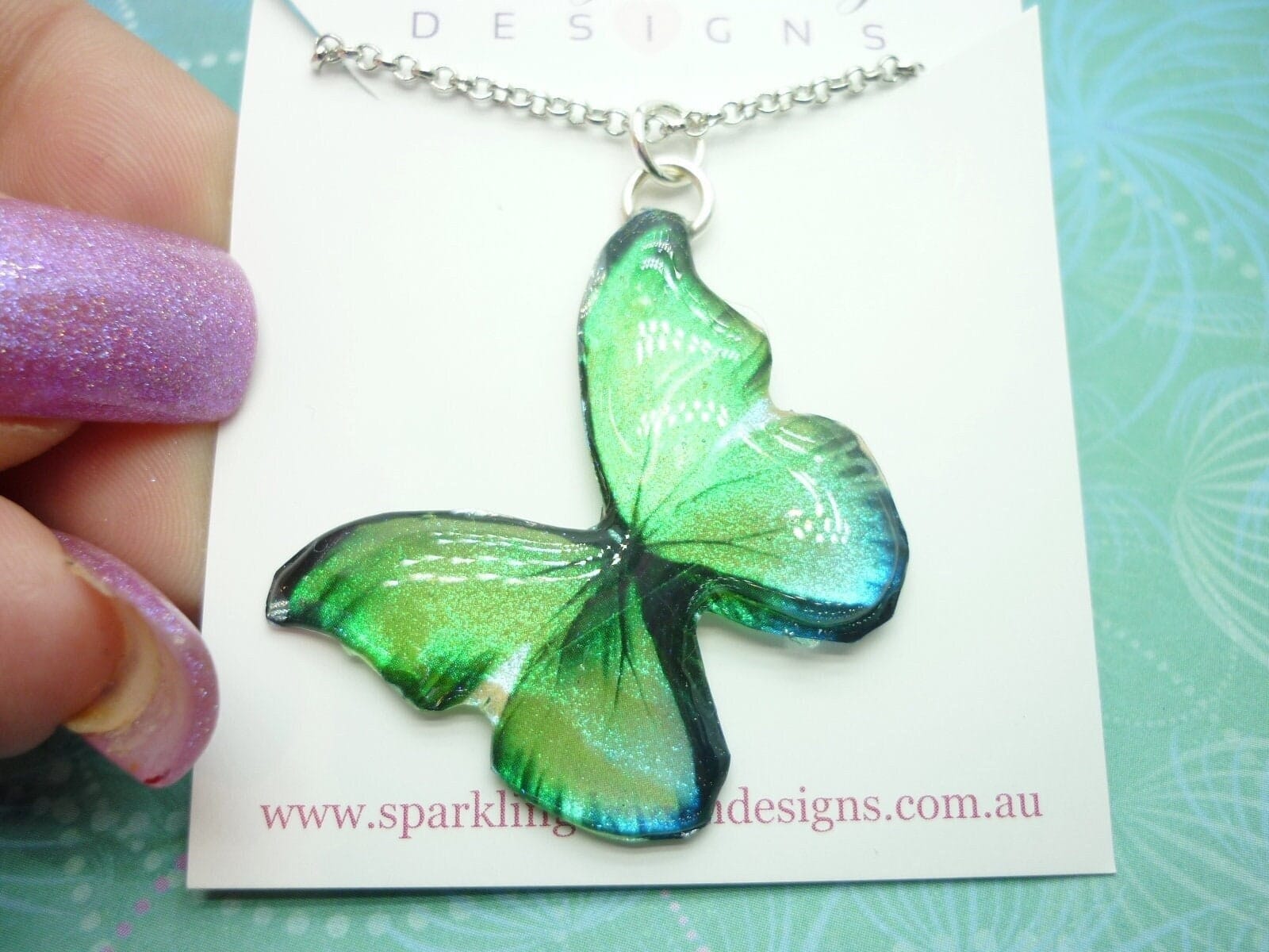 Butterfly Necklace Yellowy Green, a Little Blue on Sparkle Silver Plated Chain - Fairy Jewellery, Fun Gift for her Resin with Glitter Finish
