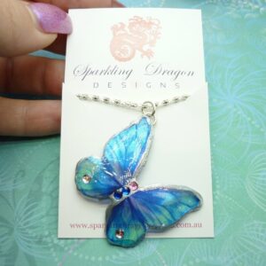 Butterfly Necklace Glittery Blue & Diamontes on a Sparkle Silver Plated Chain - Fairy Jewellery, Fun Gift for her Resin with Glitter Finish