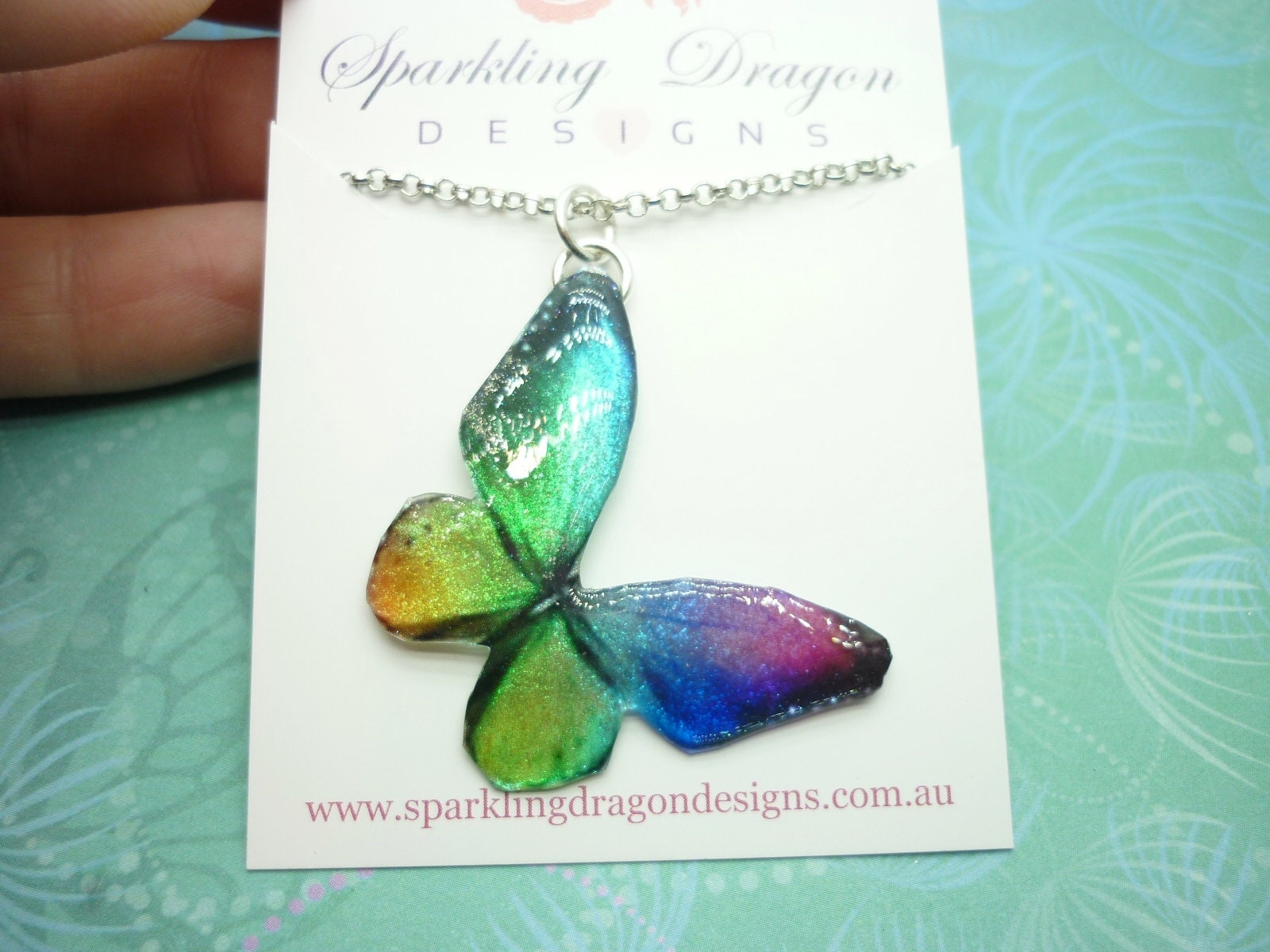 Butterfly Necklace Glittery Rainbow on a Sparkle Silver Plated Chain - Fairy Jewellery, Fun Gift for her Resin with Glitter Finish - Image 2