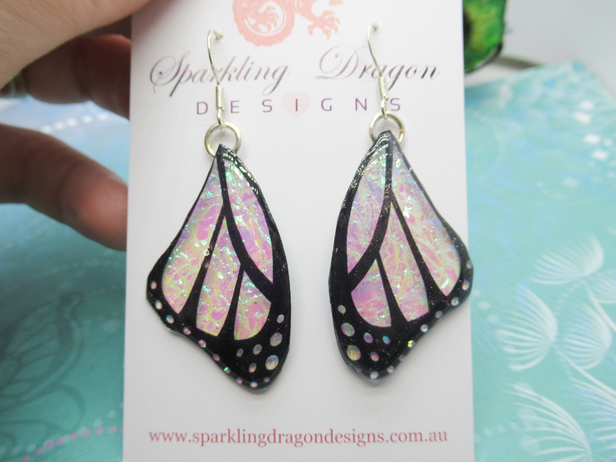Butterfly Wings Earrings Colour Shift Pink & Green and Spots - Fairy Jewellery, Fairy Wing Earrings - Sparkly - Resin with Glitter Finish - Image 2