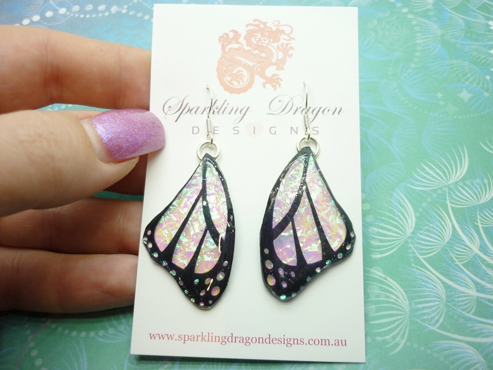 Butterfly Wings Earrings Colour Shift Pink & Green and Spots - Fairy Jewellery, Fairy Wing Earrings - Sparkly - Resin with Glitter Finish - Image 9