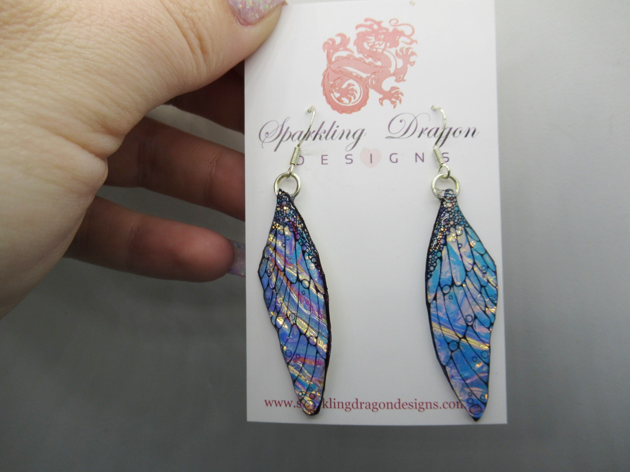 Butterfly Blue, Gold & Pink Shimmer Earrings - Fairy Jewellery, Fun Gift Statement Present Sparkly - Resin with Glitter Finish Dragonfly - Image 2