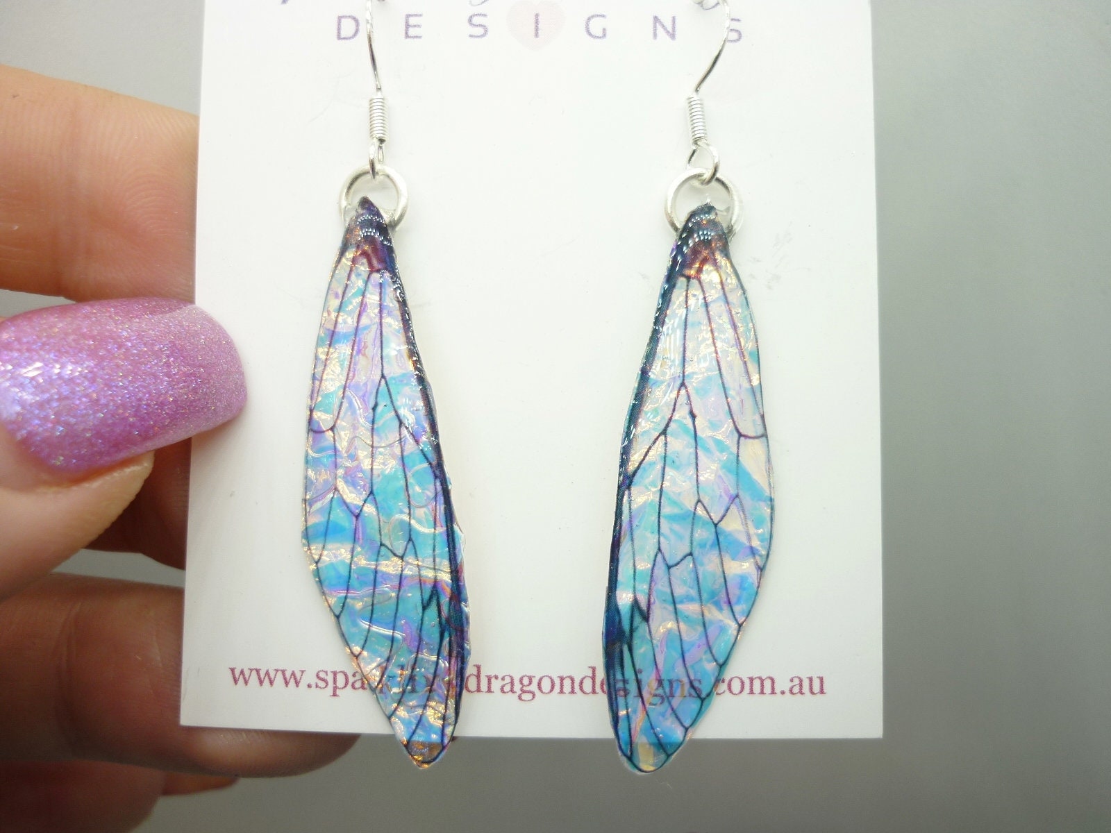 Butterfly Blue, Gold & Pink Shimmer Earrings - Fairy Jewellery, Fun Gift Statement Present Sparkly - Resin with Glitter Finish Dragonfly - Image 8