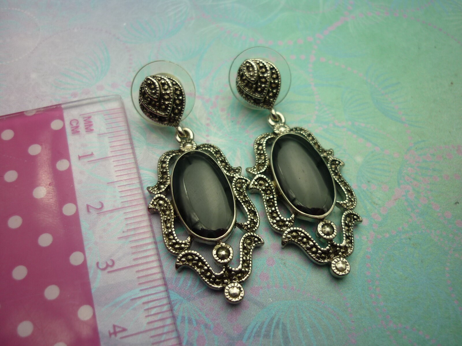 Vintage Sterling Silver Earrings - Black Onyx - Image 3