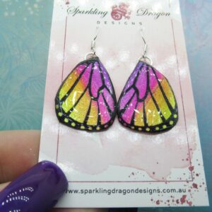 Butterfly Earrings Pink & Yellow Sparkle -Fairy Jewellery Fun Gift for Fairy Wing Earrings - Sparkly - Resin with Glitter Finish