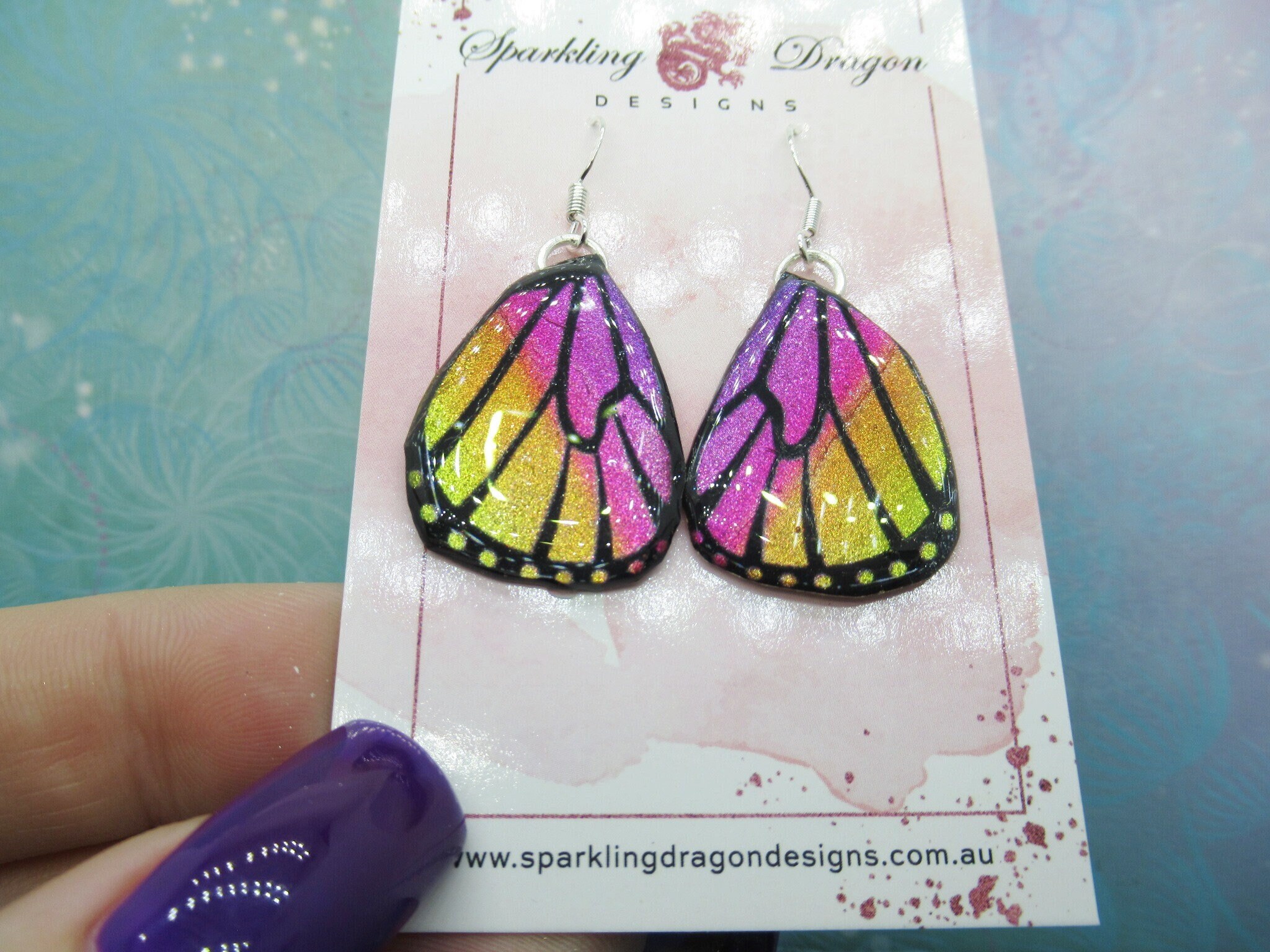 Butterfly Earrings Pink & Yellow Sparkle -Fairy Jewellery Fun Gift for Fairy Wing Earrings - Sparkly - Resin with Glitter Finish