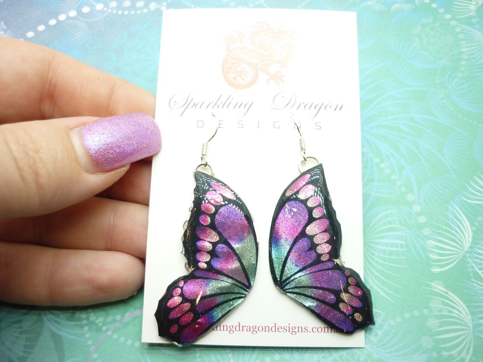 Butterfly Double Wing Earrings Purple & Pink - Fairy Jewellery, Fun Gift for her Fairy Wing Earrings - Sparkly - Resin with Glitter Finish - Image 7