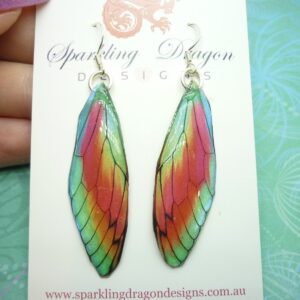 Butterfly Wing Green &Rainbow Earrings - Fairy Jewellery, Fun Gift for her Statement Present Sparkly - Rainbow Resin with Glitter Finish