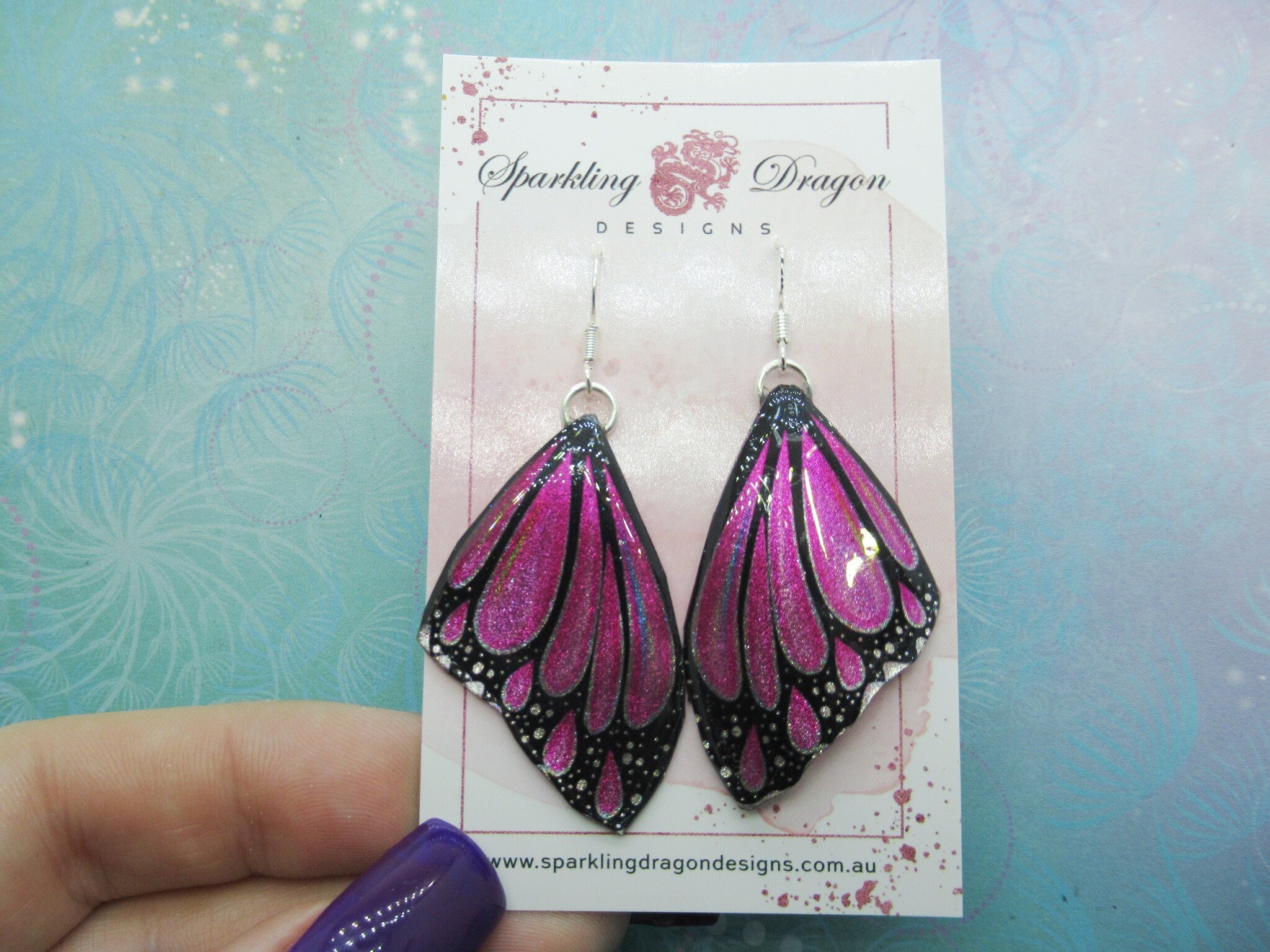 Butterfly Wing Pretty Pink Earrings - Fairy Jewellery, Fun Gift for her Fairy Wing Earrings - Sparkly - Rainbow Resin with Glitter Finish - Image 5