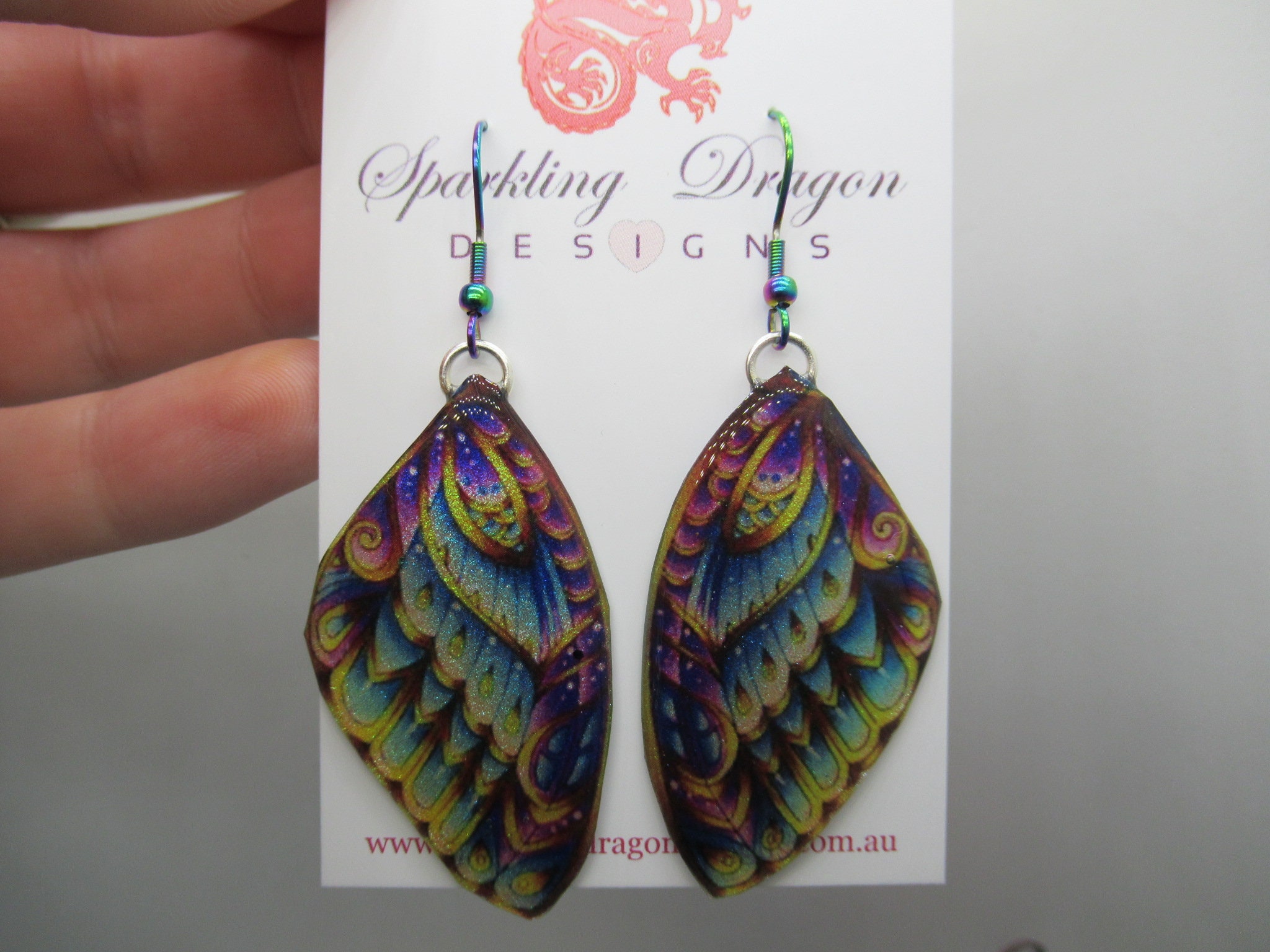 Butterfly Wing Earrings Yellow Purple & Green - Fairy Jewellery, Fun Gift for her Fairy Wing Earrings - Sparkly - Resin with Glitter Finish - Image 5