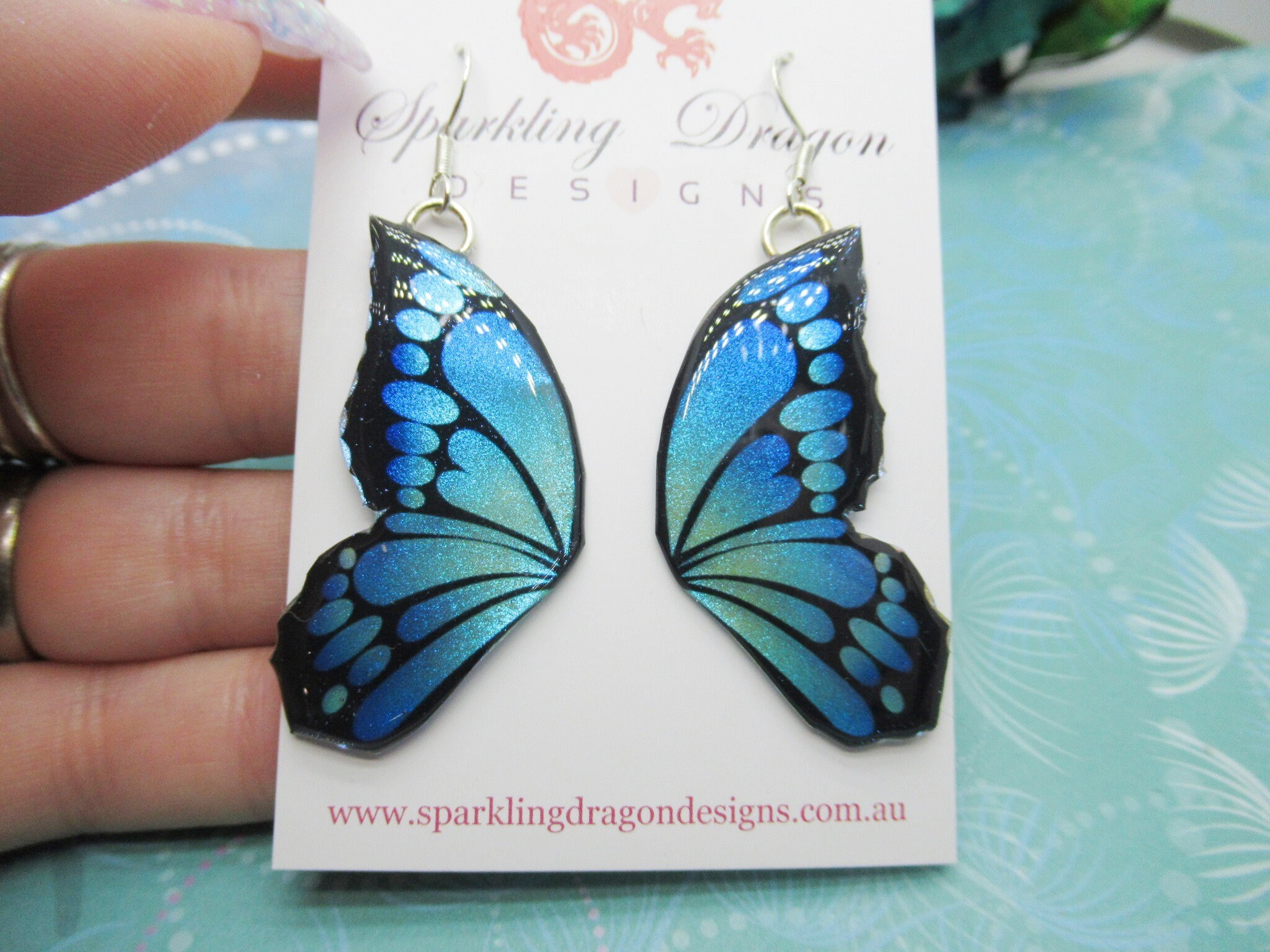 Butterfly Double Wing Earrings Purple & Blue - Fairy Jewellery, Fun Gift for her Fairy Wing Earrings - Sparkly - Resin with Glitter Finish - Image 7