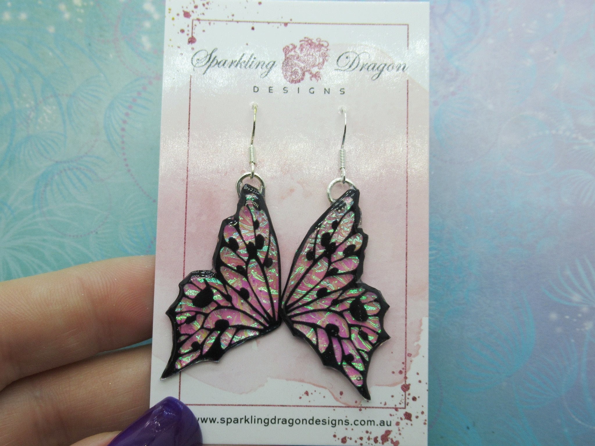 Shimmery Green Butterfly Double Wing Earrings - Fairy Jewellery, Fun Gift for her Statement Present Sparkly - Resin with Glitter Finish - Image 7