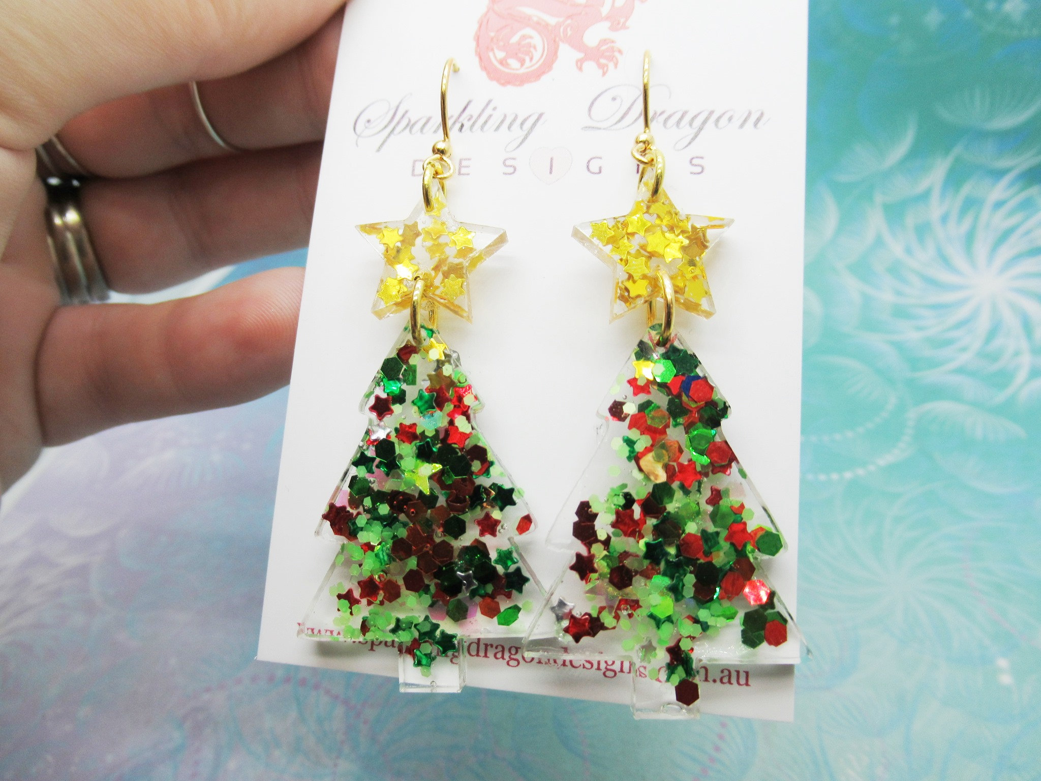 Christmas Tree Earrings with Gold Stars, Large