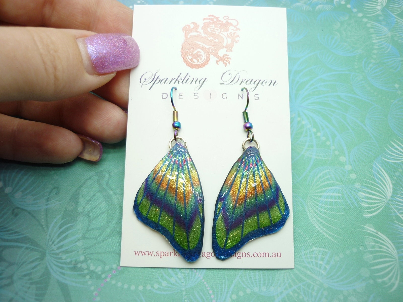 Butterfly Wings Earrings Sparkling Blue & Green - Fairy Jewellery, Fun Gift for her Statement Present Sparkly - Resin with Glitter Finish - Image 6