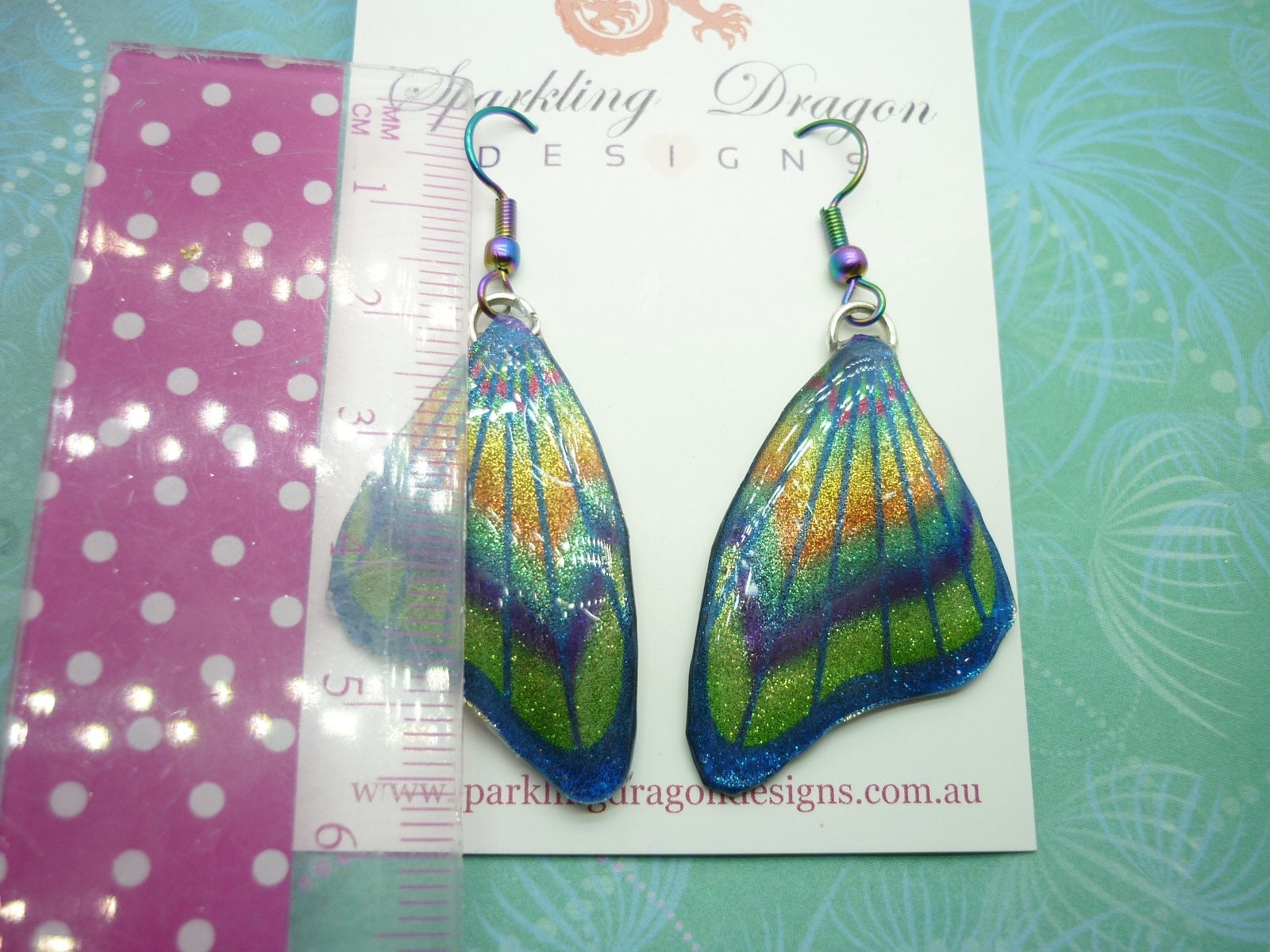 Butterfly Wings Earrings Sparkling Blue & Green - Fairy Jewellery, Fun Gift for her Statement Present Sparkly - Resin with Glitter Finish - Image 8