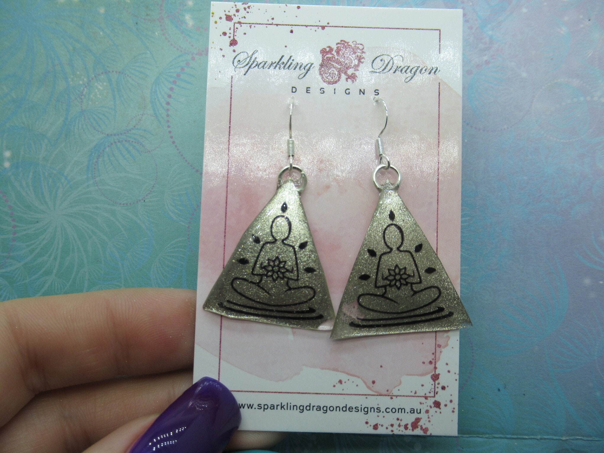Peaceful Meditating Yoga Earrings - New Age Boho gift - Sparkling Silver in Resin with Glitter Finish