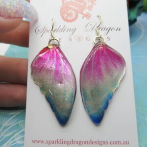 Butterfly Wing Earrings Misting Pink and Blue - Fairy Jewellery, Fun Gift for her Fairy Wing Earrings - Sparkly - Resin with Glitter Finish