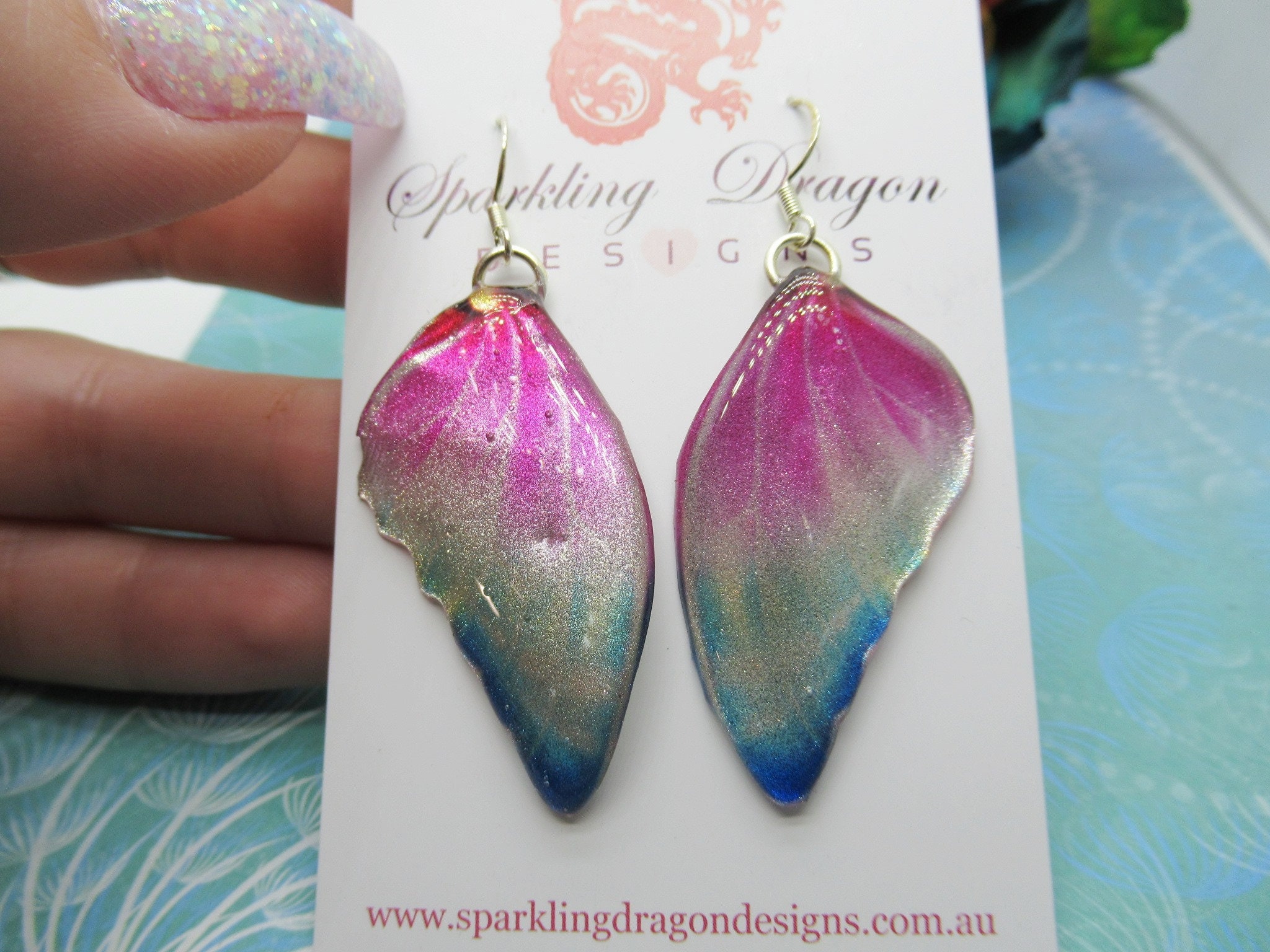 Butterfly Wing Earrings Misting Pink and Blue - Fairy Jewellery, Fun Gift for her Fairy Wing Earrings - Sparkly - Resin with Glitter Finish