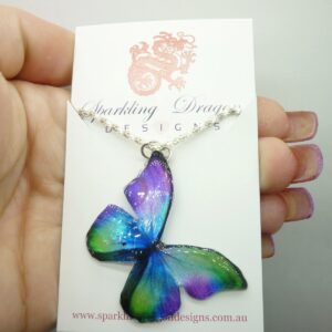 Butterfly Necklace Purple, Green, Blue on a Sparkle Silver Plated Chain - Fairy Jewellery, Fun Gift for her Resin with Glitter Finish