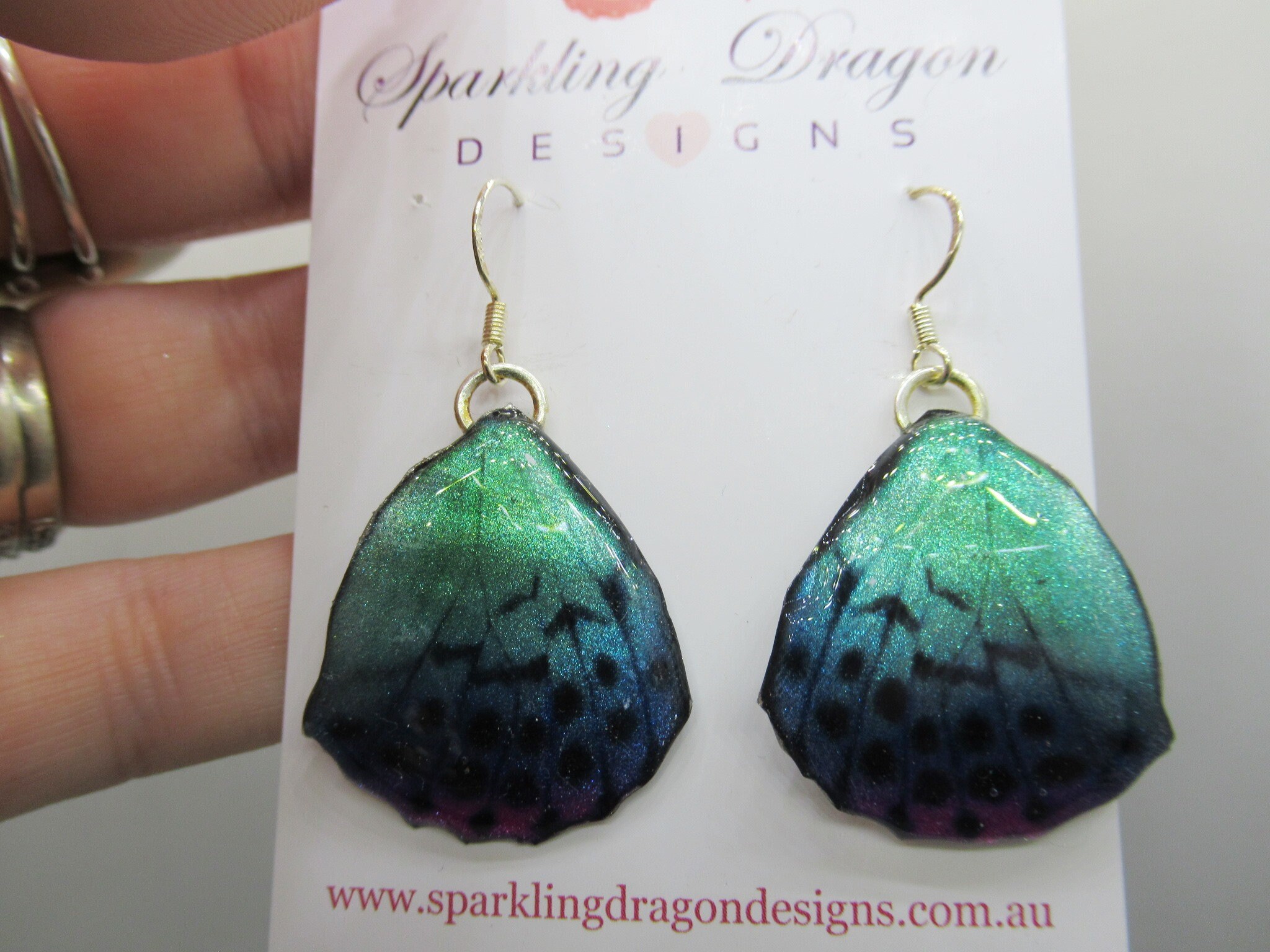 Butterfly Wing Earrings Blue & Pale Green/Pink- Fairy Jewellery, Fun Gift for her Fairy Wing Earrings - Sparkly - Resin with Glitter Finish - Image 8