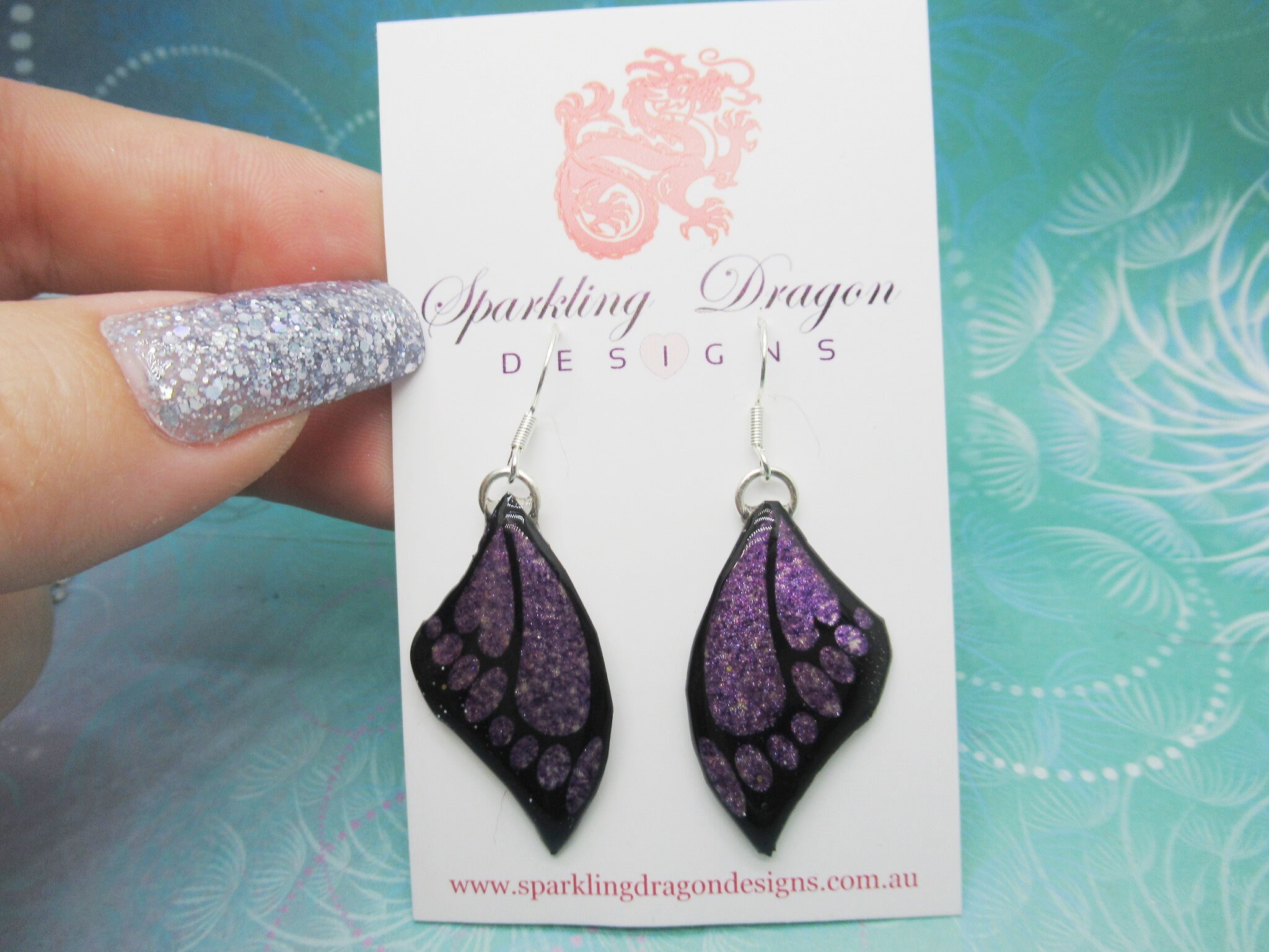 Butterfly Earrings Purple and Black - Fairy Jewellery, Fun Gift for her Fairy Wing Earrings - Sparkly - Resin with Glitter Finish - Image 3