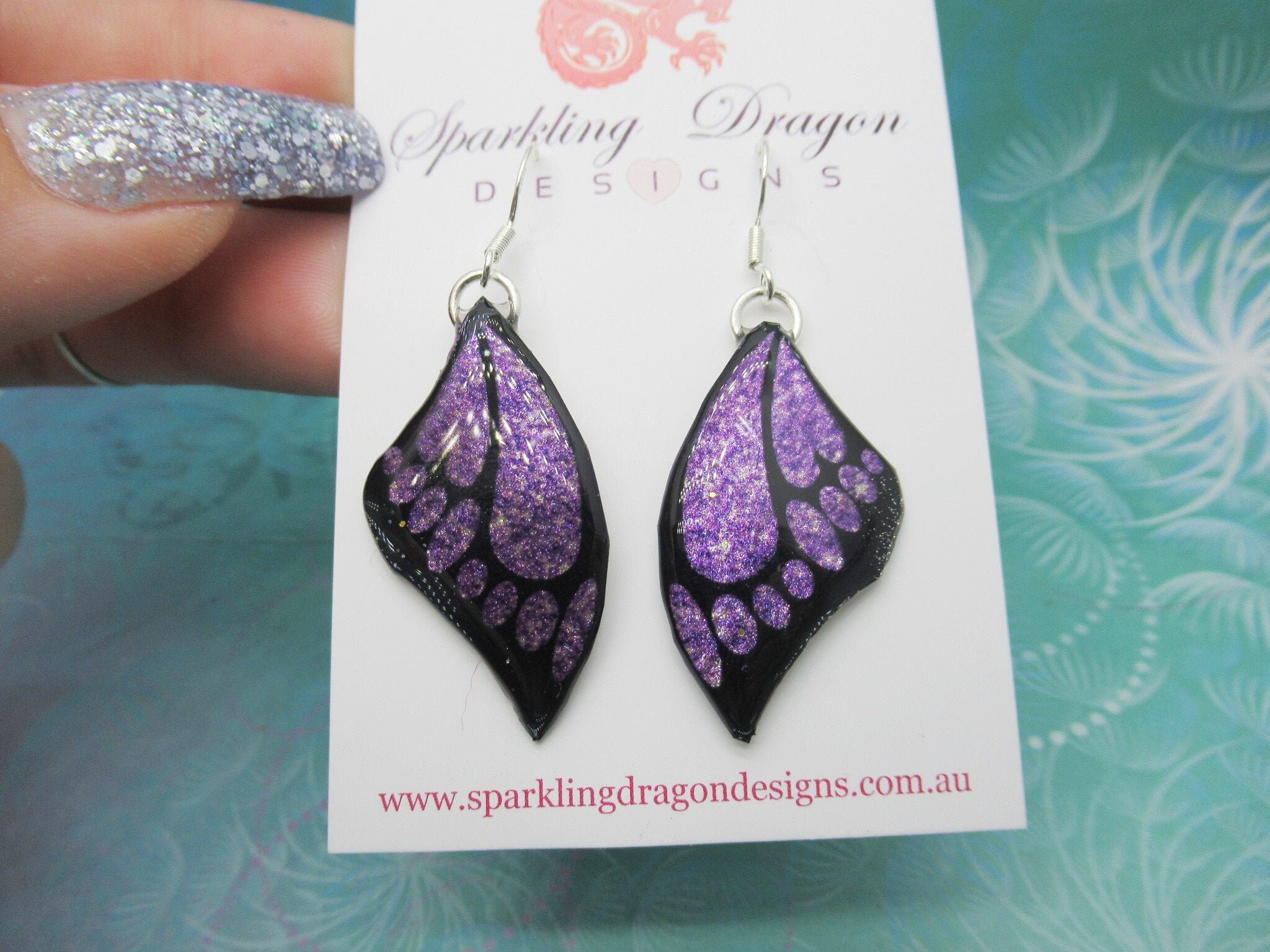 Butterfly Earrings Purple and Black - Fairy Jewellery, Fun Gift for her Fairy Wing Earrings - Sparkly - Resin with Glitter Finish