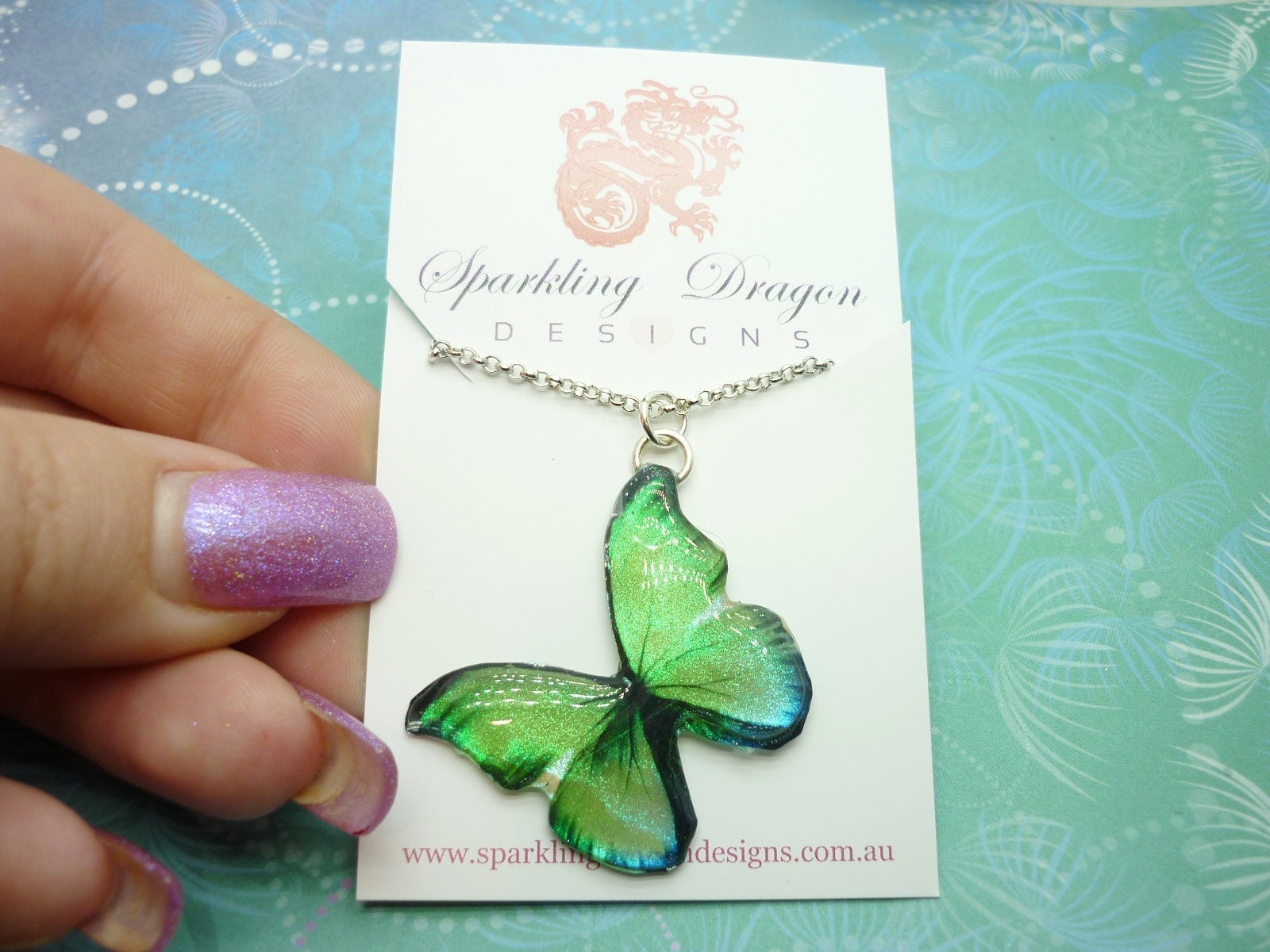 Butterfly Necklace Yellowy Green, a Little Blue on Sparkle Silver Plated Chain - Fairy Jewellery, Fun Gift for her Resin with Glitter Finish - Image 2
