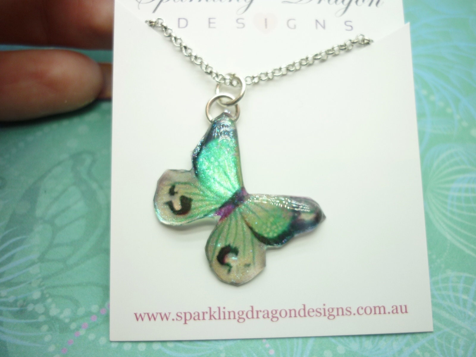 Butterfly Necklace Glittery Clear, Green Lines on Sparkle Silver Plated Chain - Fairy Jewellery, Fun Gift for her Resin with Glitter Finish - Image 3