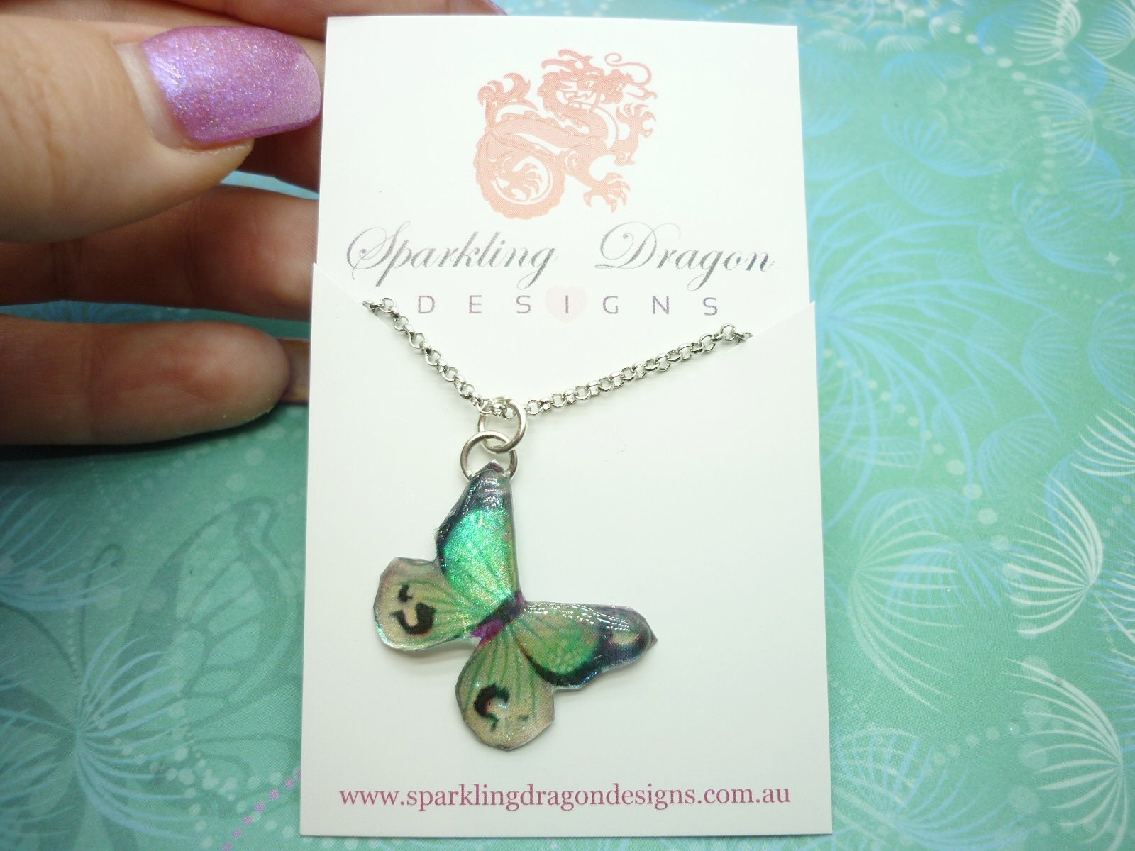 Butterfly Necklace Glittery Clear, Green Lines on Sparkle Silver Plated Chain - Fairy Jewellery, Fun Gift for her Resin with Glitter Finish - Image 2