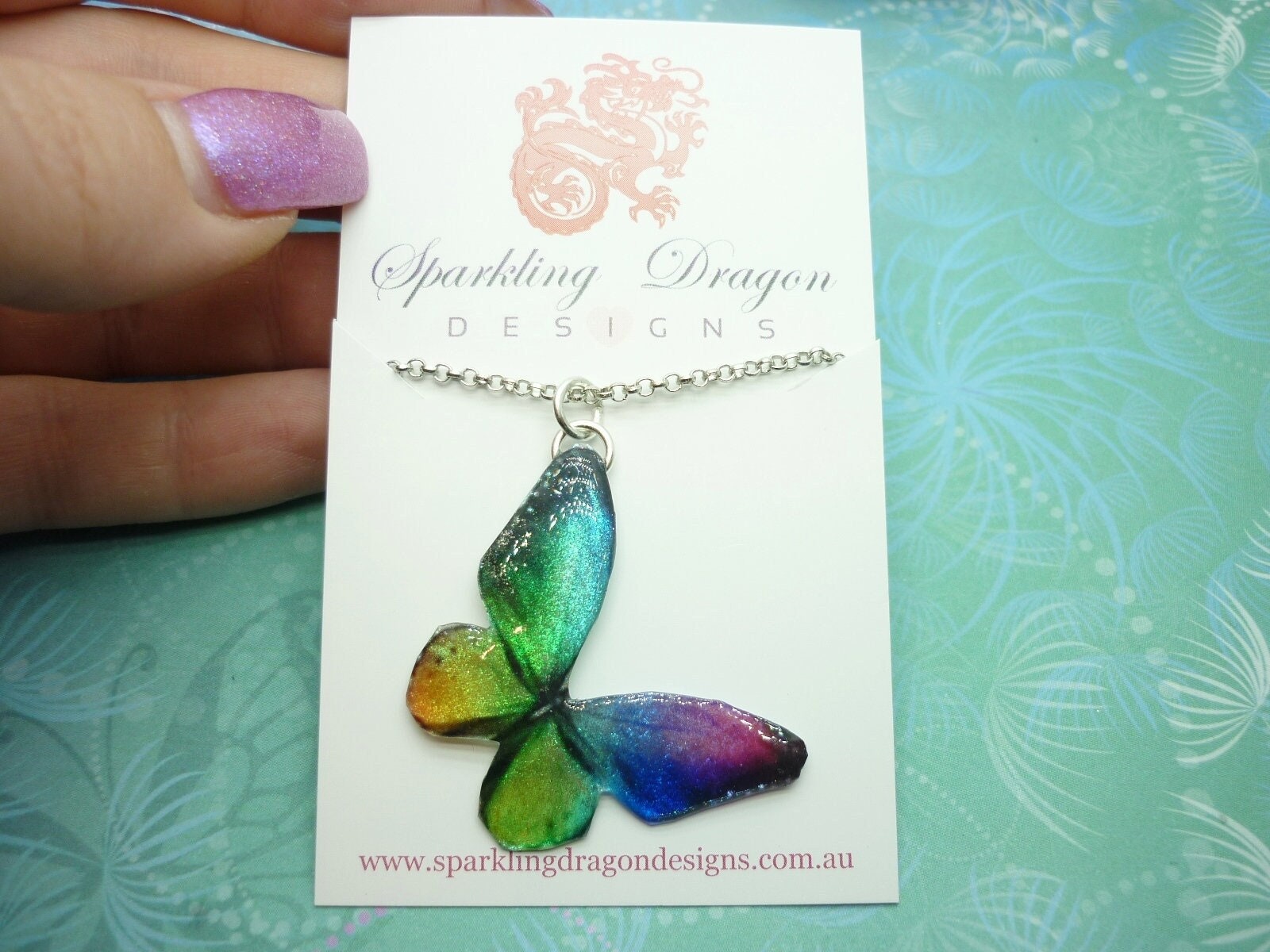 Butterfly Necklace Glittery Rainbow on a Sparkle Silver Plated Chain - Fairy Jewellery, Fun Gift for her Resin with Glitter Finish