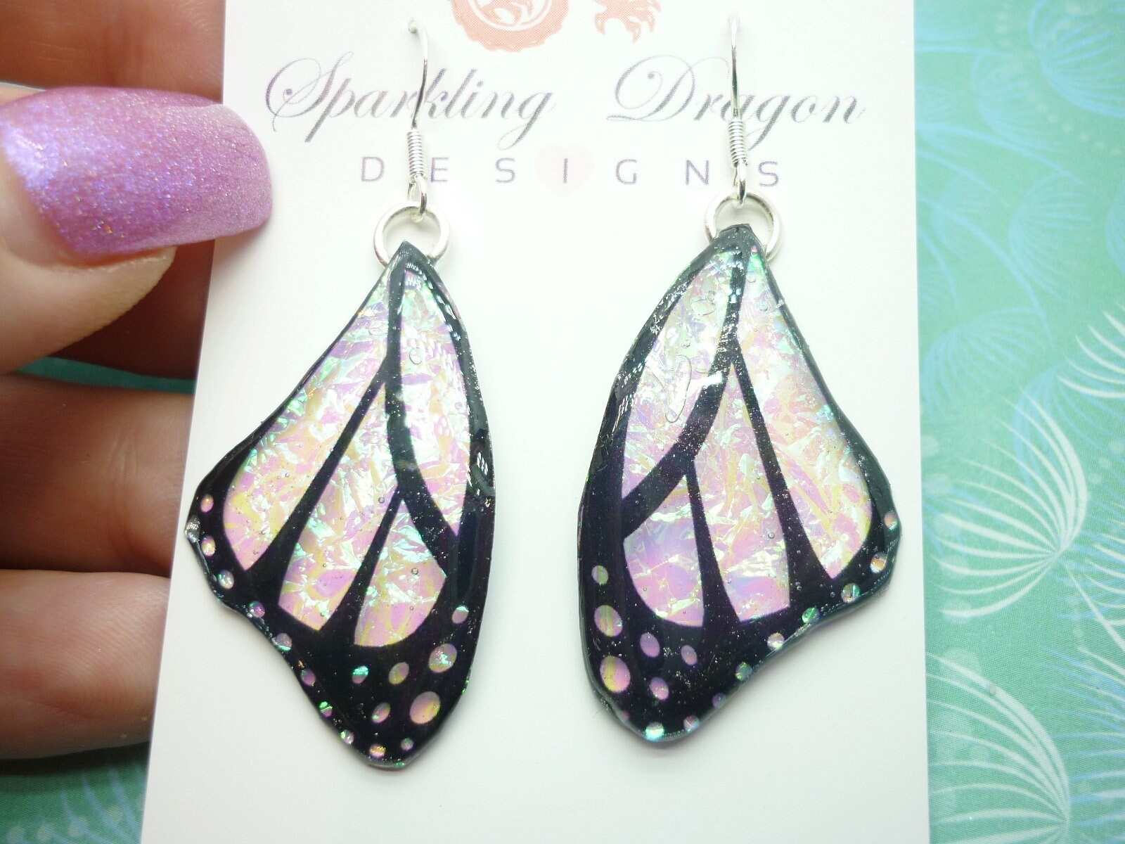 Butterfly Wings Earrings Colour Shift Pink & Green and Spots - Fairy Jewellery, Fairy Wing Earrings - Sparkly - Resin with Glitter Finish - Image 10