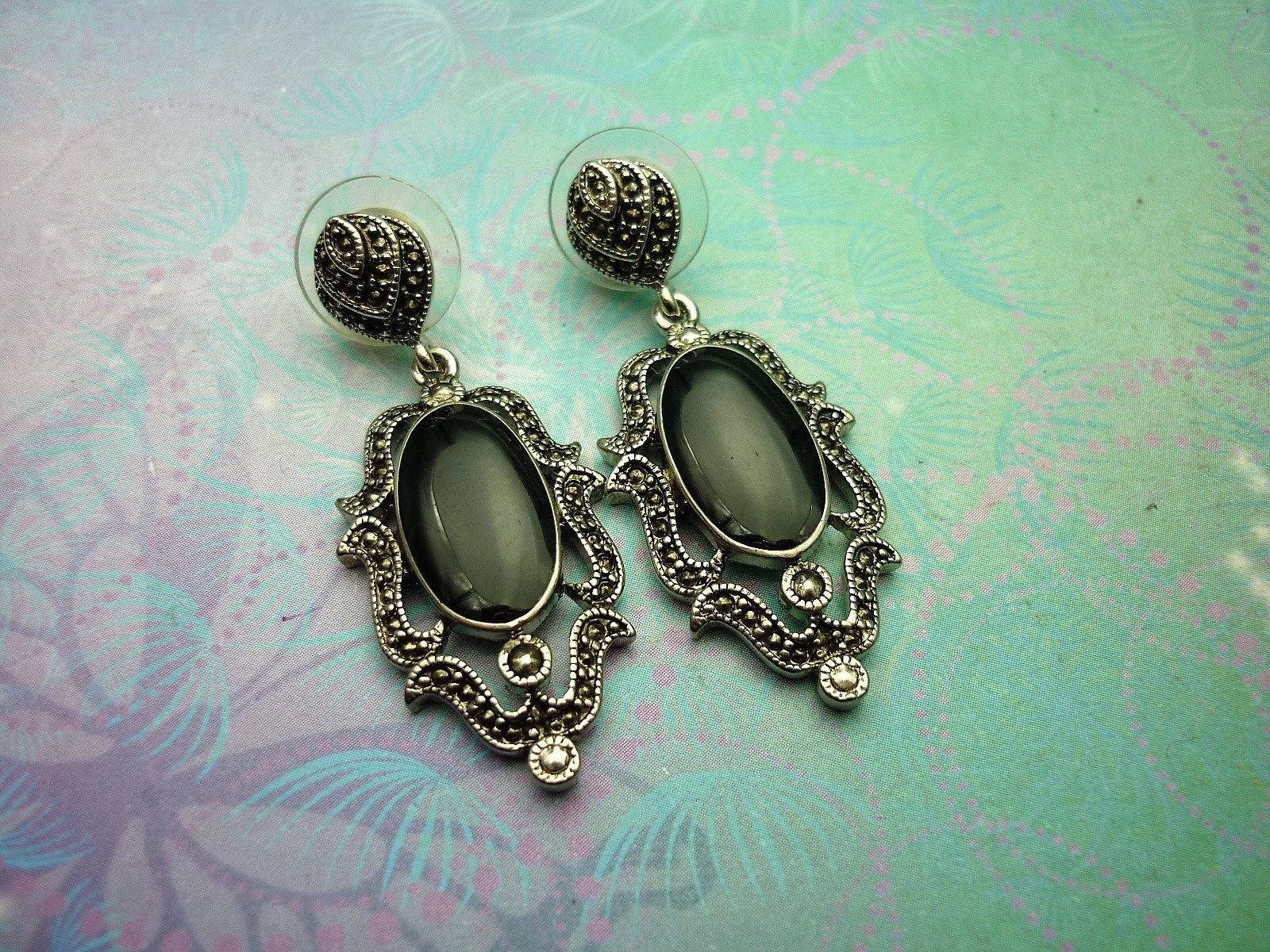 Vintage Sterling Silver Earrings - Black Onyx