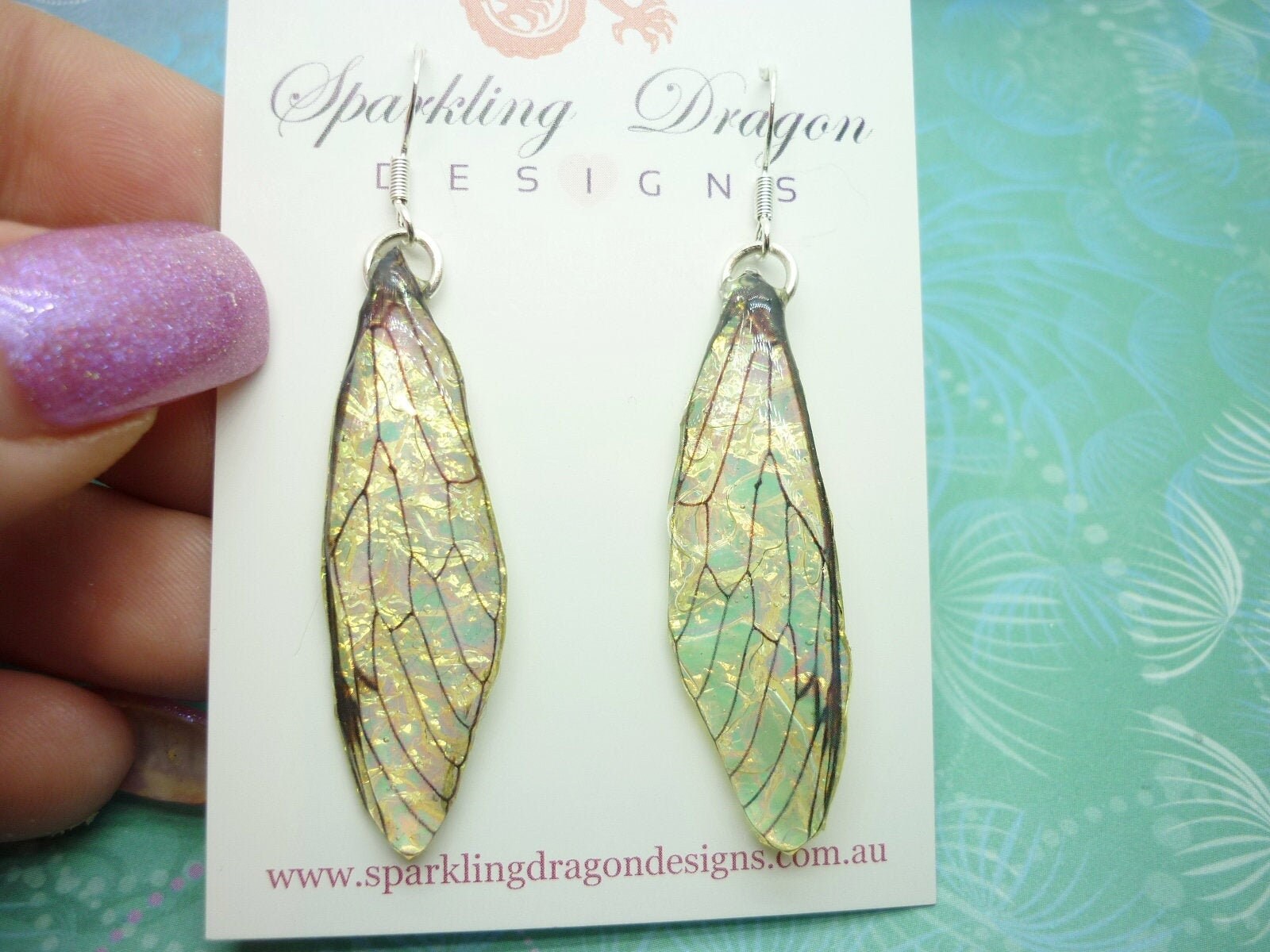 Butterfly Yellow Gold & Green Shimmer Earrings - Fairy Jewellery Fun Statement Present Boho Resin Dragonfly Cicada Wings Handmade Gift - Image 4