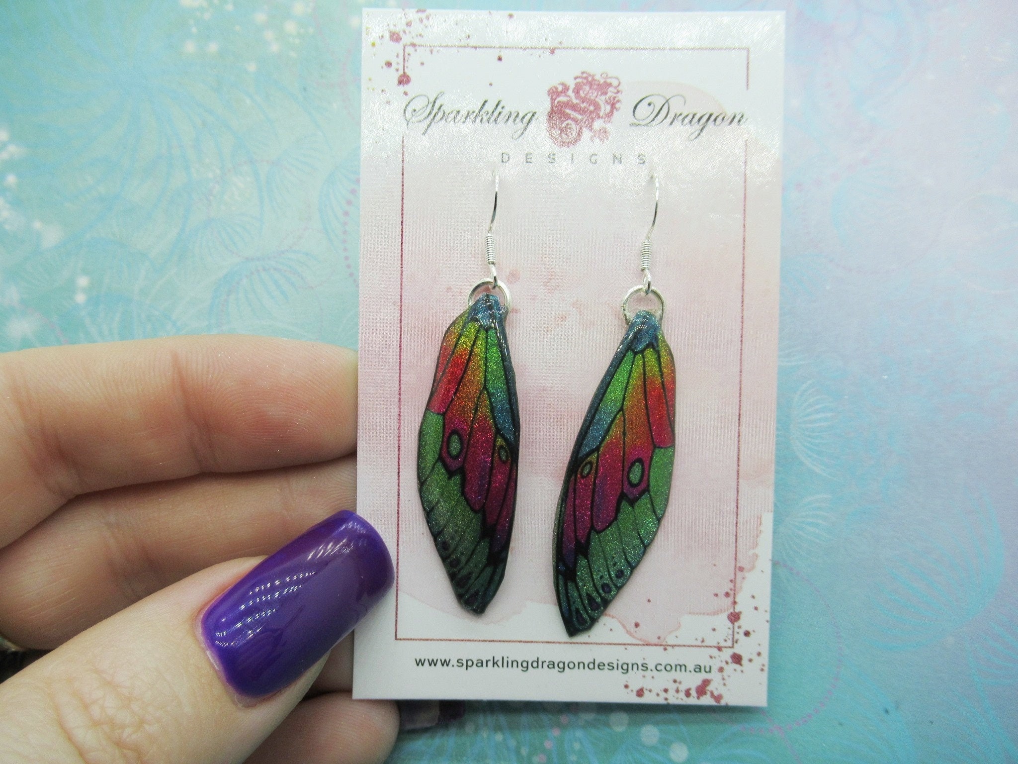 Butterfly Earrings Green and Pink Rainbow - Fairy Jewellery, Fun Gift for her Fairy Wing Earrings - Sparkly - Resin with Glitter Finish - Image 2