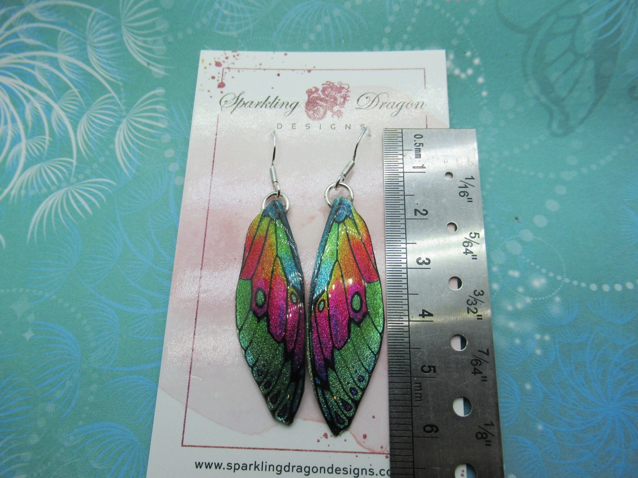 Butterfly Earrings Green and Pink Rainbow - Fairy Jewellery, Fun Gift for her Fairy Wing Earrings - Sparkly - Resin with Glitter Finish - Image 3